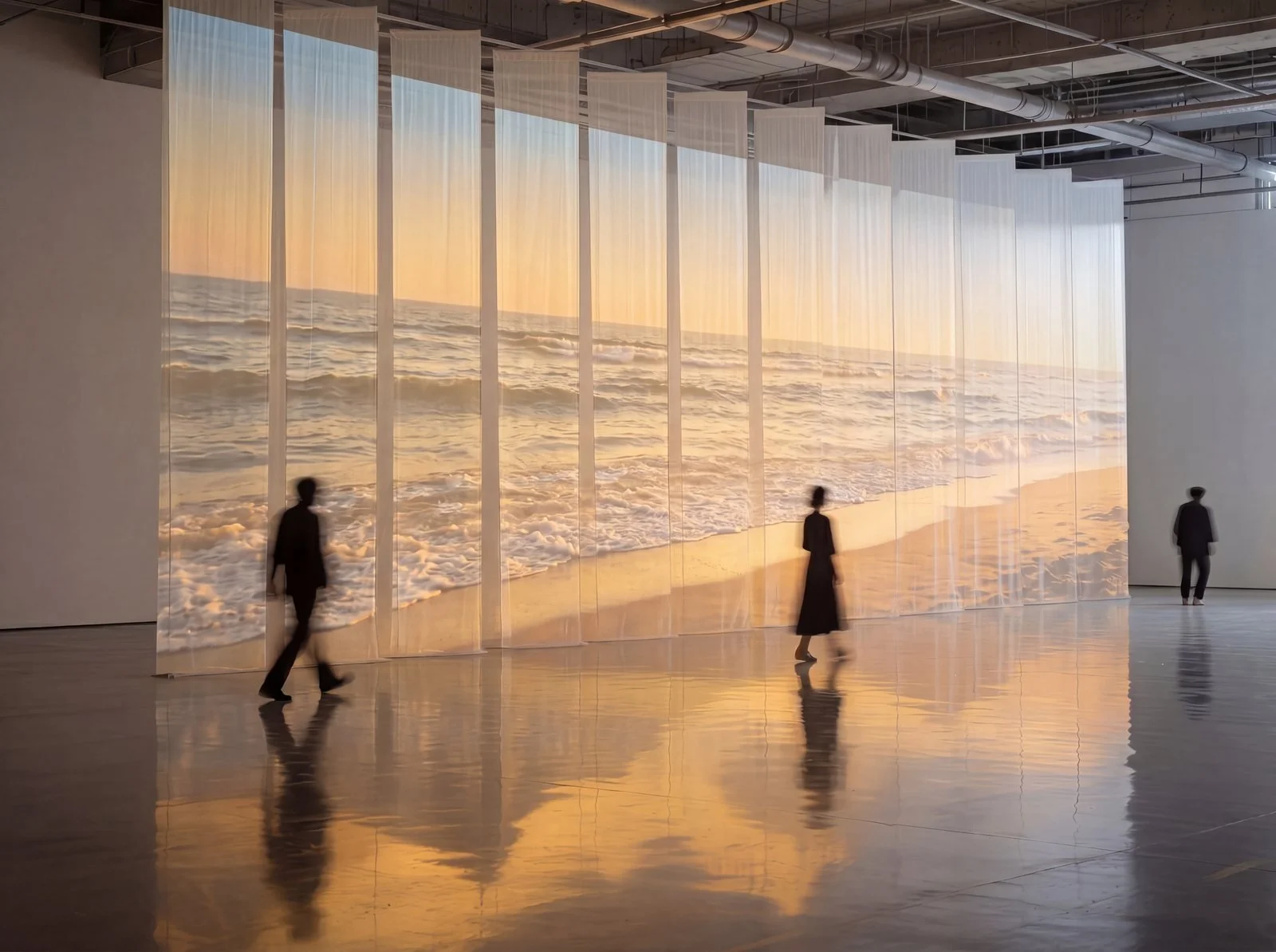 Indoor art installation depicting a large projection of the ocean at sunset on semi-transparent hanging curtains, with three blurred silhouettes of people walking in front.