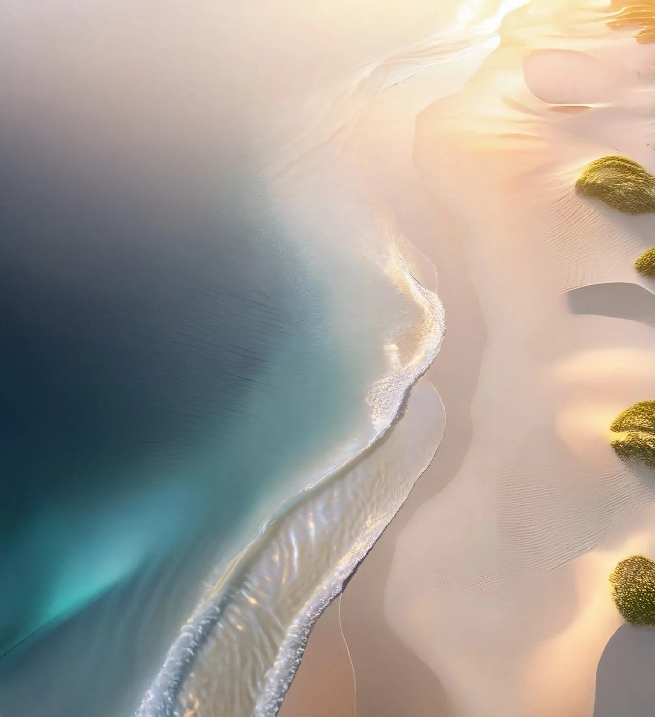 Aerial view of a beach with gentle waves lapping a sandy shore and small patches of greenery.