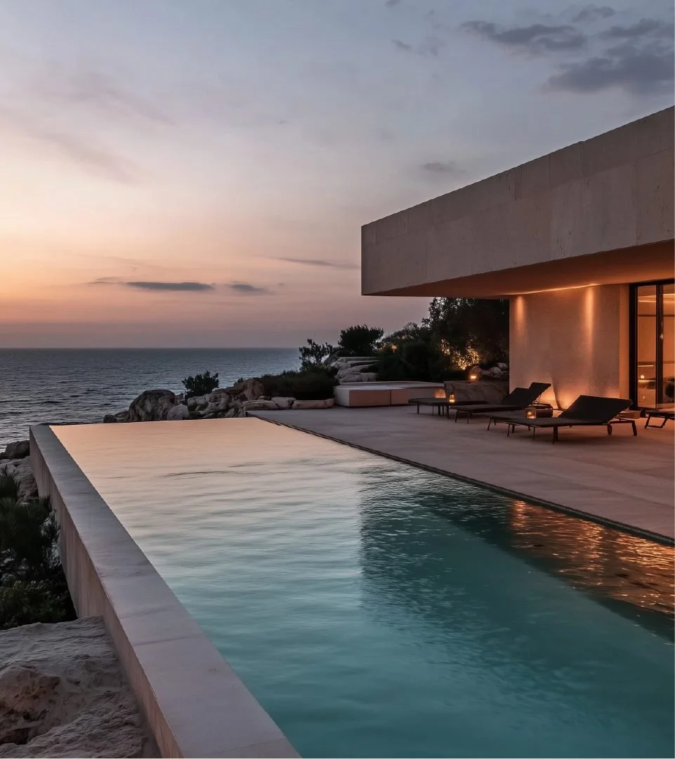 Modern house with outdoor swimming pool overlooking the ocean at sunset, with lounge chairs on the deck.