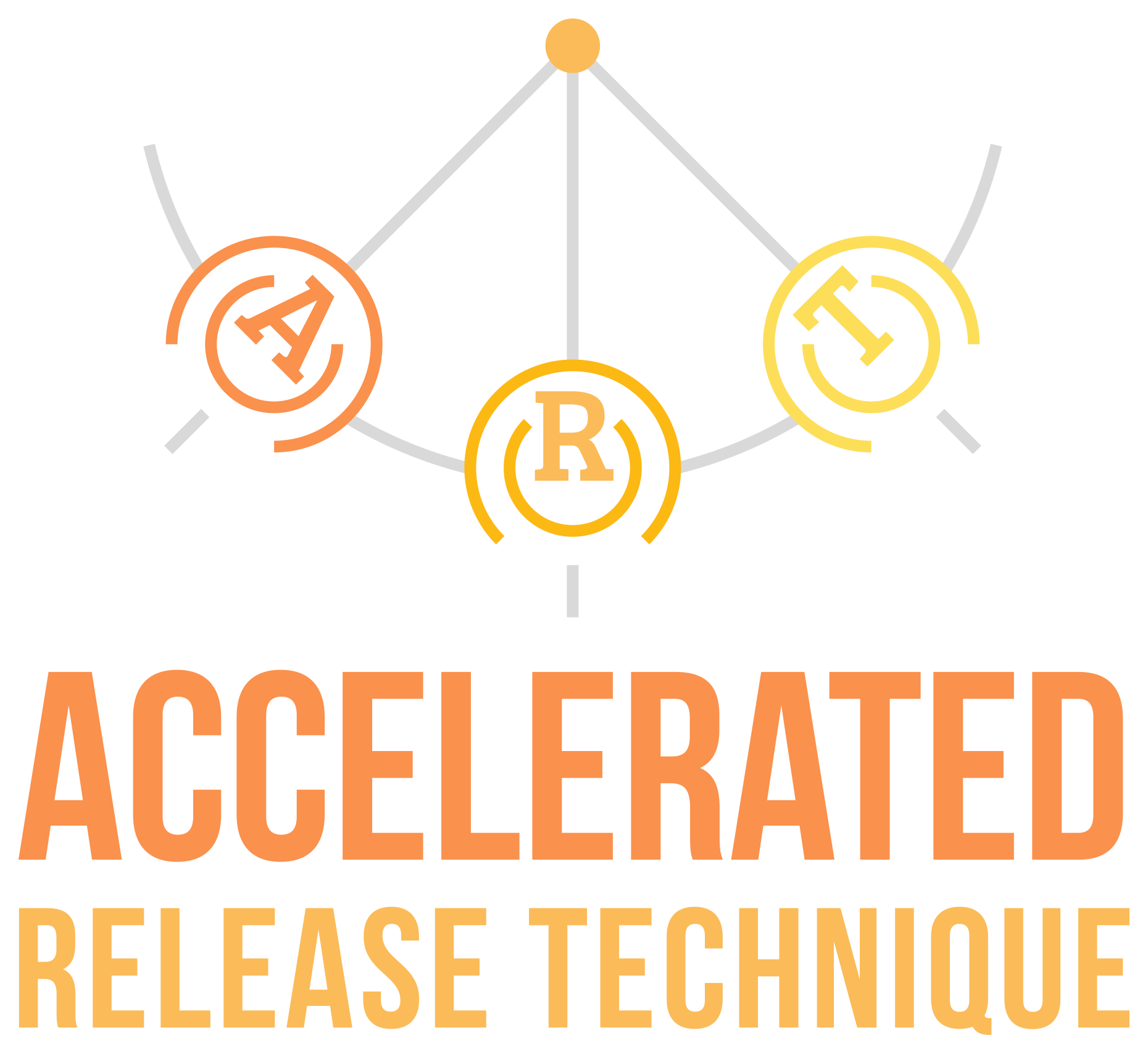 The image depicts a pendulum swinging between the letters A, R, T with the work Accelerated Release Technique below in shades of yellow, orange and pale blue