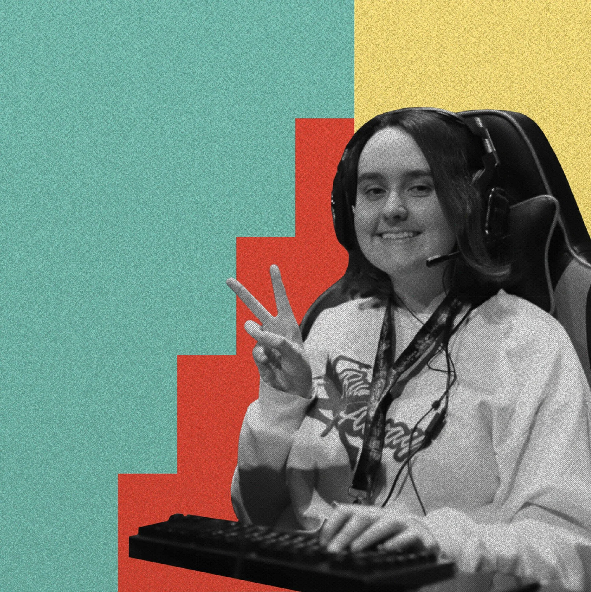 A person with long dark hair wearing headphones, sitting at a keyboard on a multicolored background with teal, yellow, and red sections.