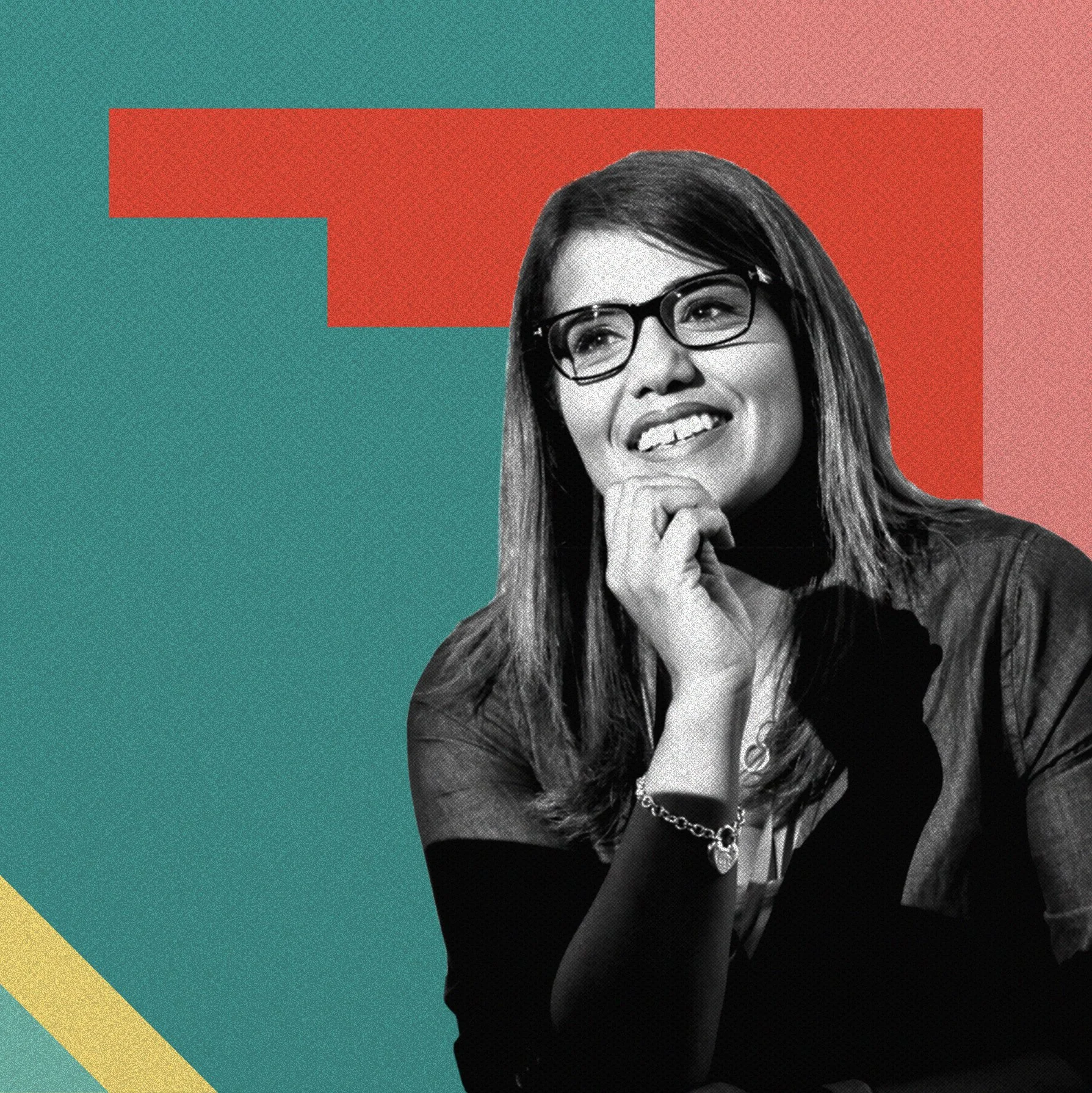 Black-and-white photo of a woman with long hair, wearing glasses, smiling, with her hand near her chin, set against a colorful, abstract background with teal, pink, red, and yellow shapes.