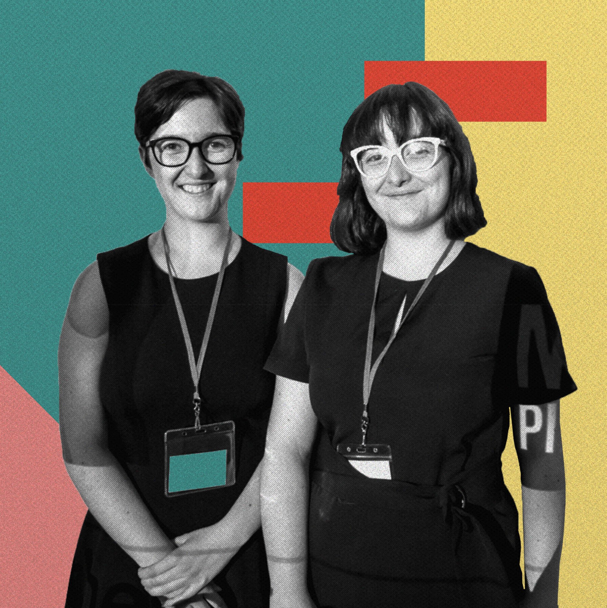 Two women standing together, smiling, with lanyards around their necks, against a colorful geometric background.