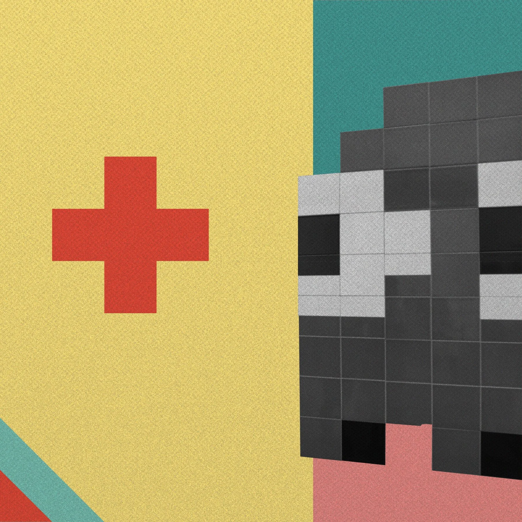 Digital art featuring pixelated blocks and a red cross symbol, with a yellow background and accents of teal, black, and pink.