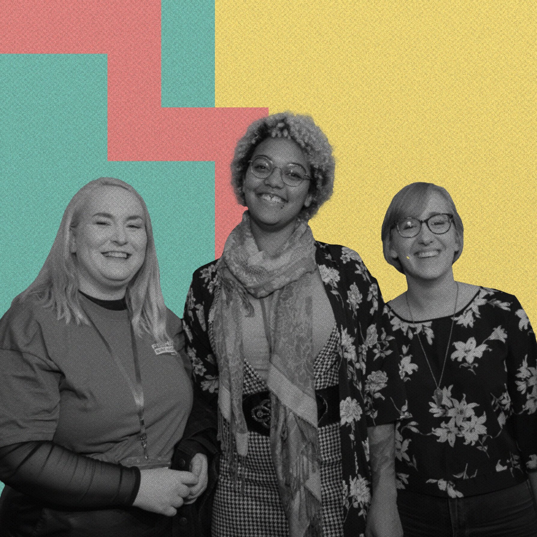 Three women standing together, smiling. The woman in the middle has curly hair, wears glasses, and a scarf. The woman on the left has long hair and is wearing a jacket. The woman on the right has short hair, glasses, and a floral dress. The background is divided into four sections with pastel colors: pink, teal, yellow, and a mix of pastel colors.
