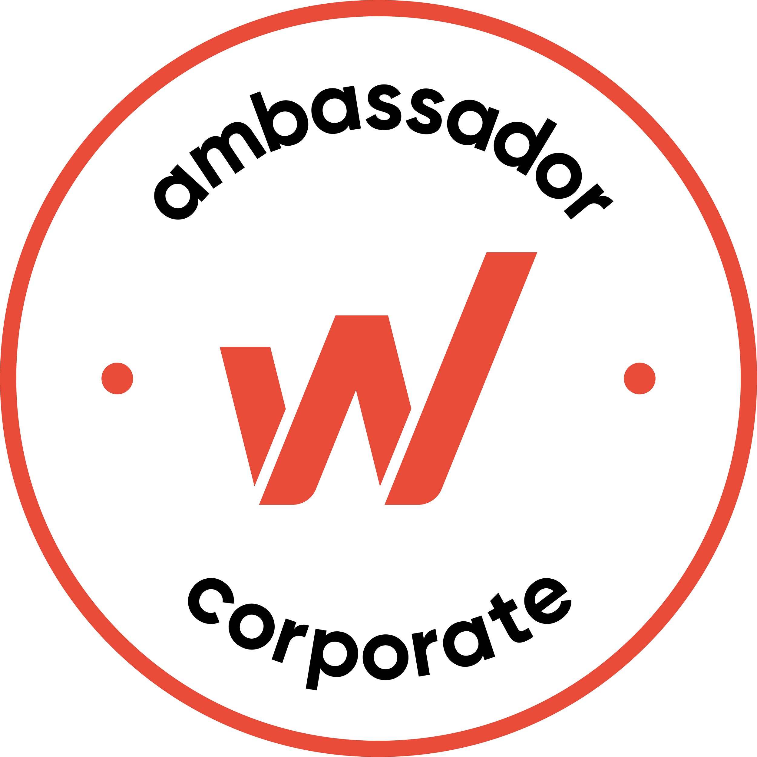 A circular design with an orange border and bold black text that reads 'ambassador' at the top and 'core' at the bottom.