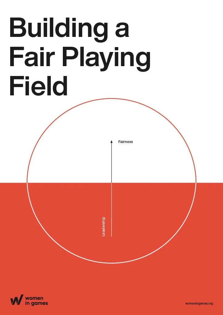Cover page of a publication titled 'Building a Fair Playing Field' with a circular diagram divided into two halves, labeled 'Fairness' upwards and 'Leadership' downwards, with the top half white and the bottom half red. The bottom left corner features the logo of 'Women in Games' and their website address.
