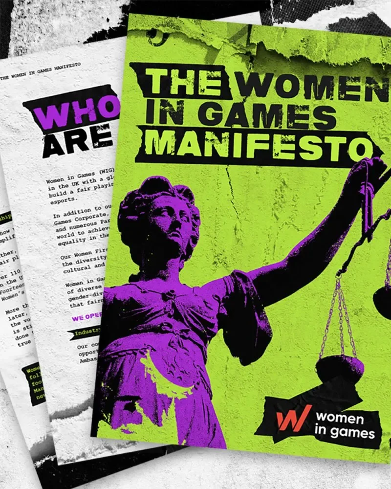The cover of a publication titled "The Women in Games Manifesto" features a purple silhouette of Lady Justice holding scales against a green background, with the logo "Women in Games" in the bottom right corner.