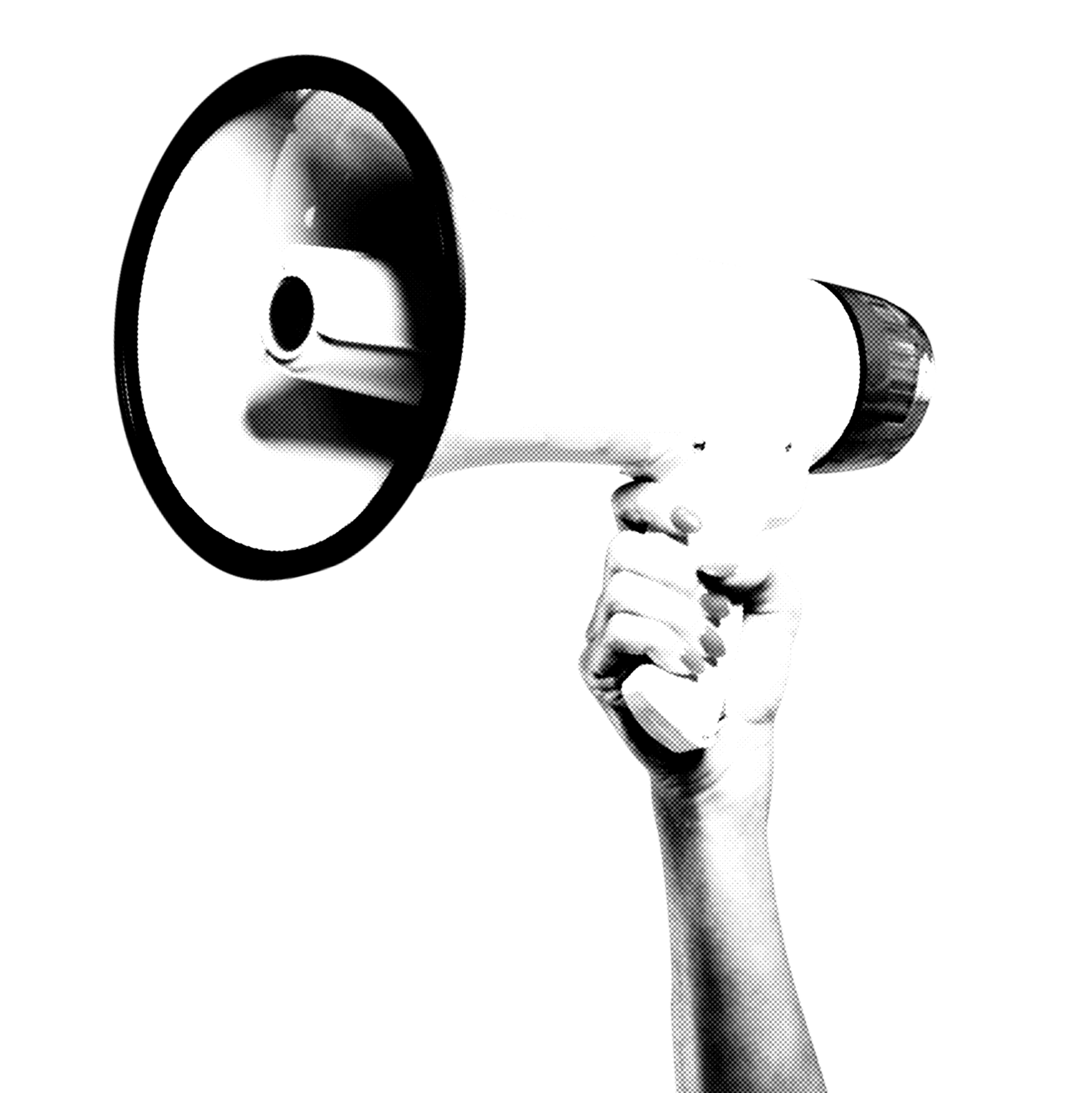 Black and white image of a person with a bent finger holding a cone-shaped megaphone, with the head slightly bowed.