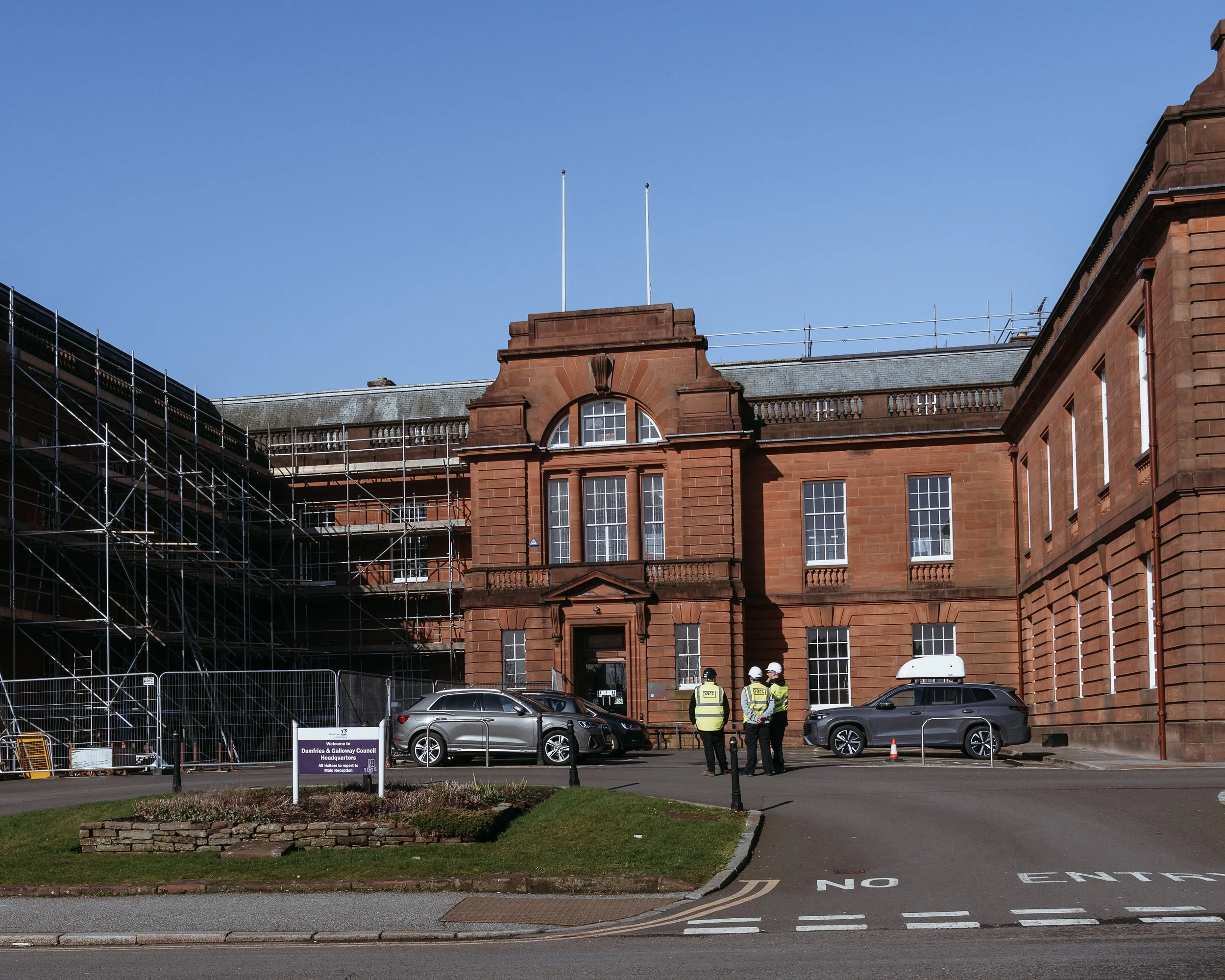 The Category B listed Dumfries & Galloway Council Headquarters on English Street, with works underway.