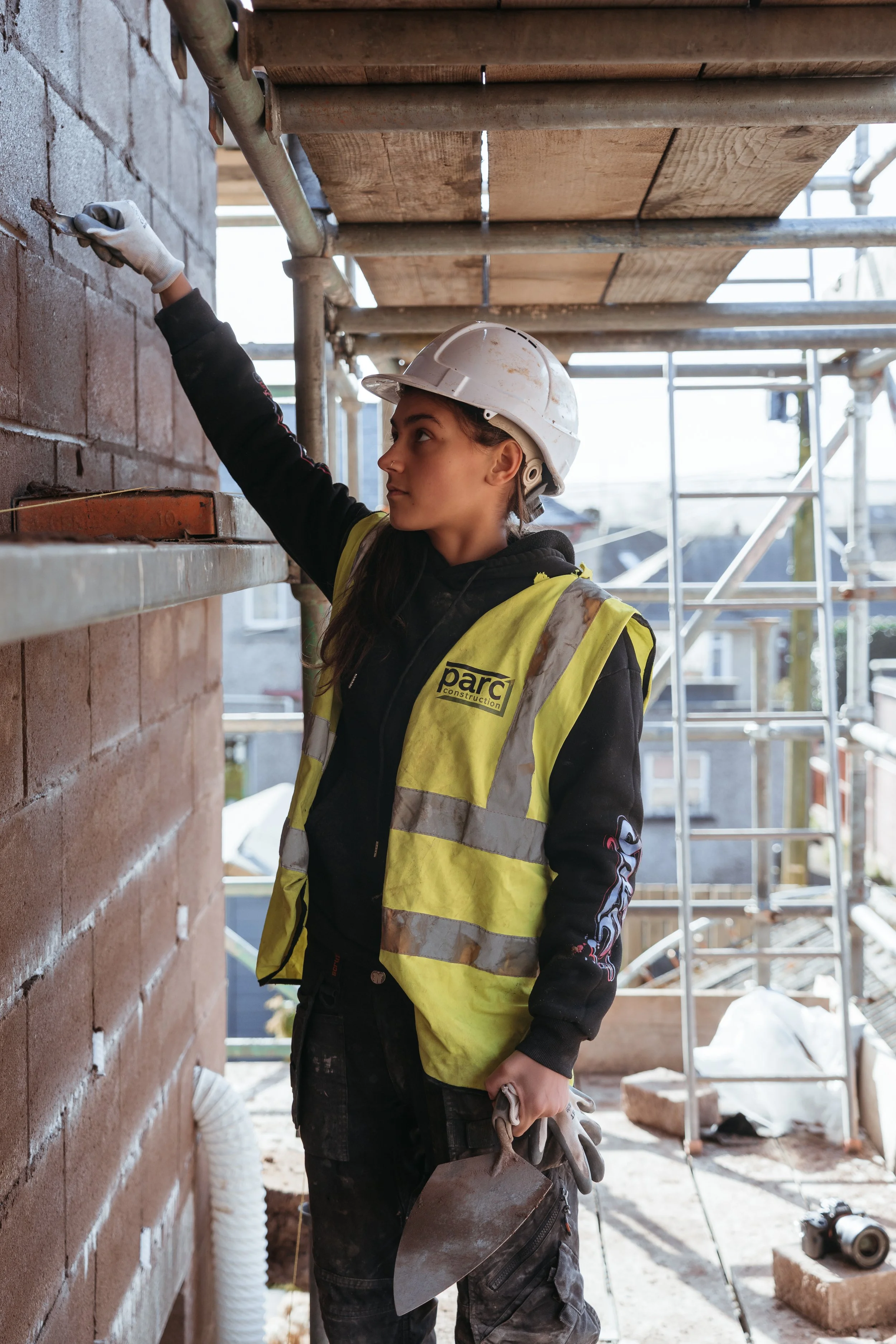 Parc Construction operative carrying out building works on scaffolding in Dumfries and Galloway