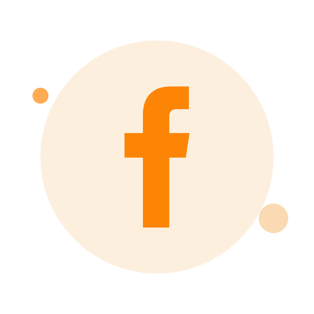 Facebook logo in orange color on a circular beige background with smaller orange circles surrounding it.