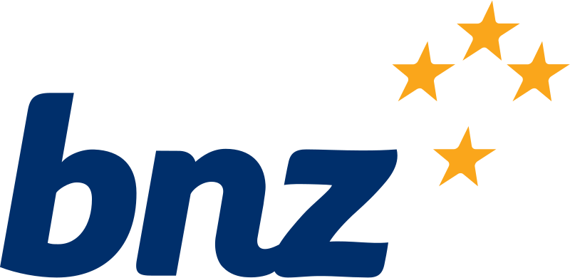 Logo for BNZ bank with three orange stars above the text.