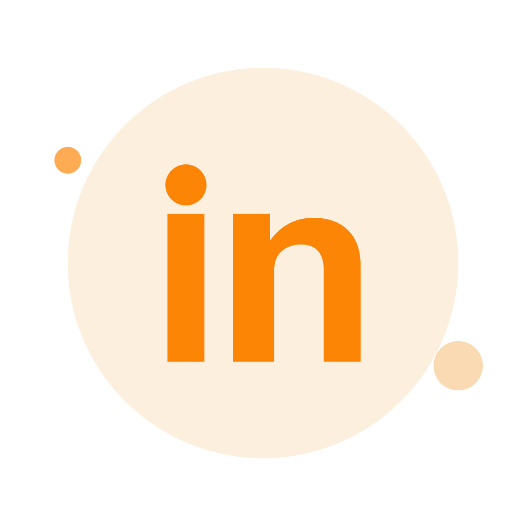 Linkedin logo in bold orange letters inside a light beige circle, with three smaller orange circles surrounding the circle on a white background.