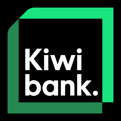 KiwiBank logo with black background and green border.