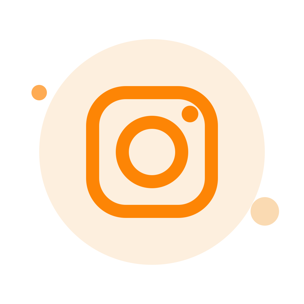 Instagram logo in orange color on a beige circular background with smaller orange and beige circles.