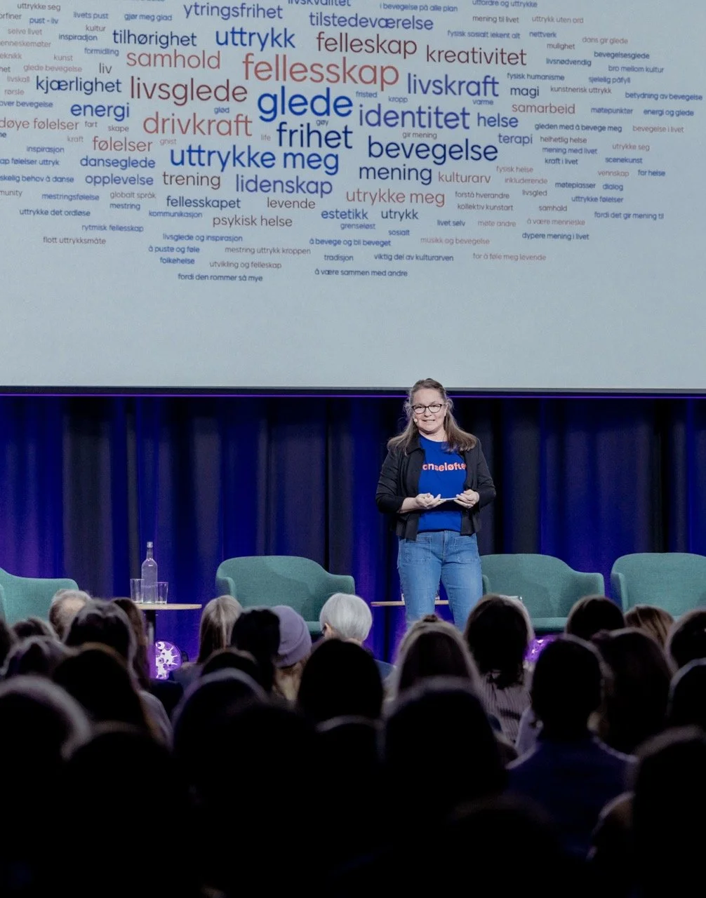 En kvinne står på en scene foran et publikum og presenterer et diagram med norske ord knyttet til følelser og sosiale begreper.