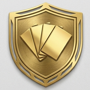 A gold shield emblem with four playing cards in the center