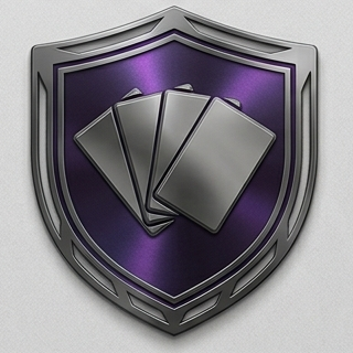A shield emblem with four playing cards in the center, against a purple background.