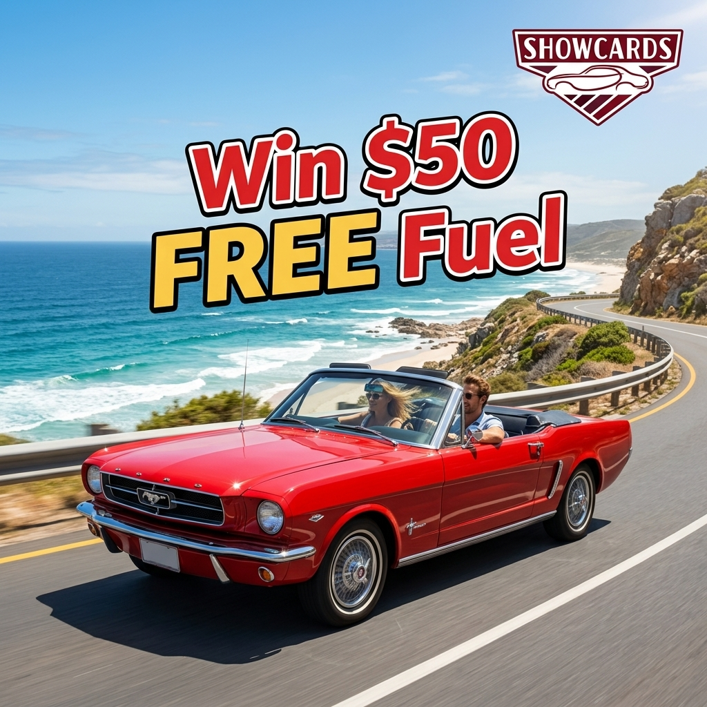 A red classic Ford Mustang convertible driving along a coastal road by the ocean with a man and woman inside. Promotional text overlayed says 'Win $50 FREE Fuel' with a showcards logo in the top right corner.