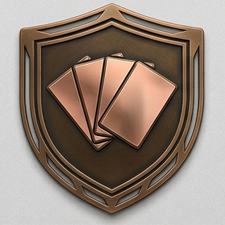 A shield-shaped wall plaque with five playing cards arranged in a fan, mounted on a wall.