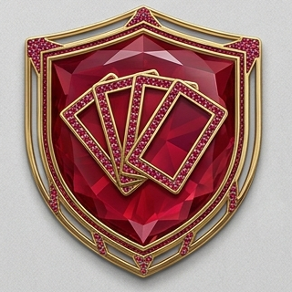 A shield-shaped emblem with gold and red detailing, featuring five playing cards with red and gold borders placed on a red gemstone background.