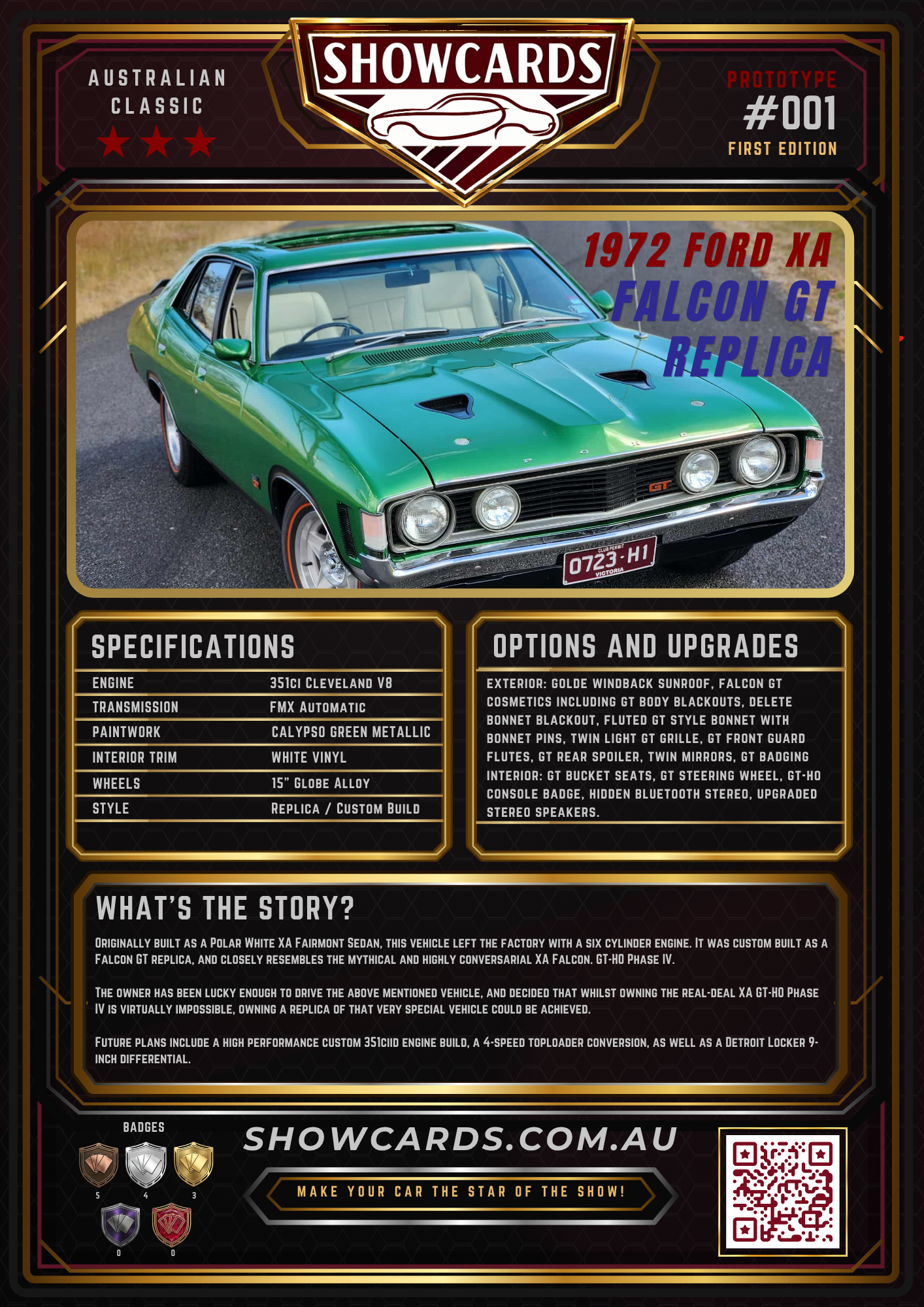 A printed showcase card featuring a 1972 Ford XA Falcon GT replica car, with details about its specifications, options, and history, including a green paint job, badges, and a QR code.
