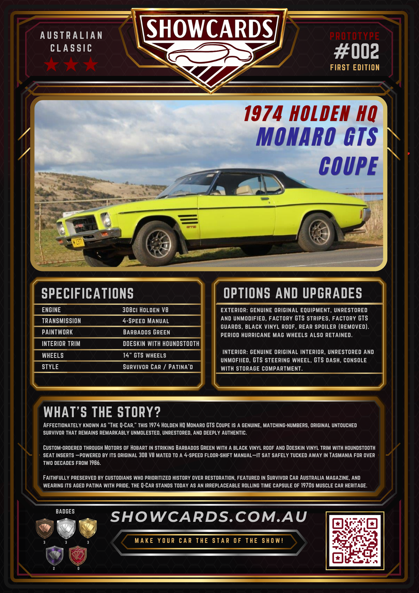 A vintage-style poster for a showcar event featuring a 1974 Holden HQ Monaro GTS Coupe. The poster includes a photo of a lime green car with a black roof, outlined in beige, set against a rural landscape with cloudy sky. The poster provides specifications, options and upgrades, and the story behind the car, highlighting its originality and preservation. There are badges at the bottom left, a QR code at the bottom right, and the website showcards.com.au at the bottom center.