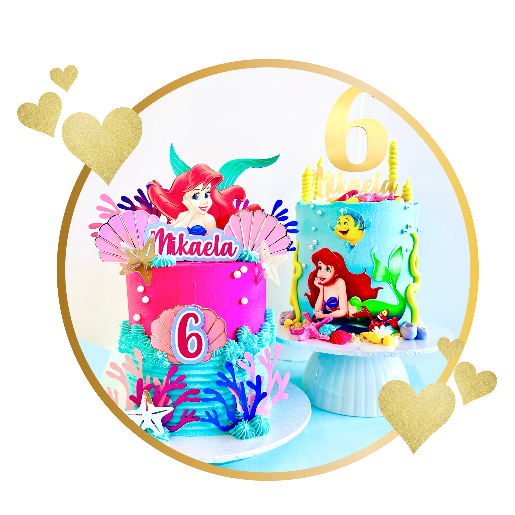 Colorful birthday cake with an Ariel theme from The Little Mermaid, decorated with sea motifs, stars, and a large number 6, celebrating Mikaela's sixth birthday.
