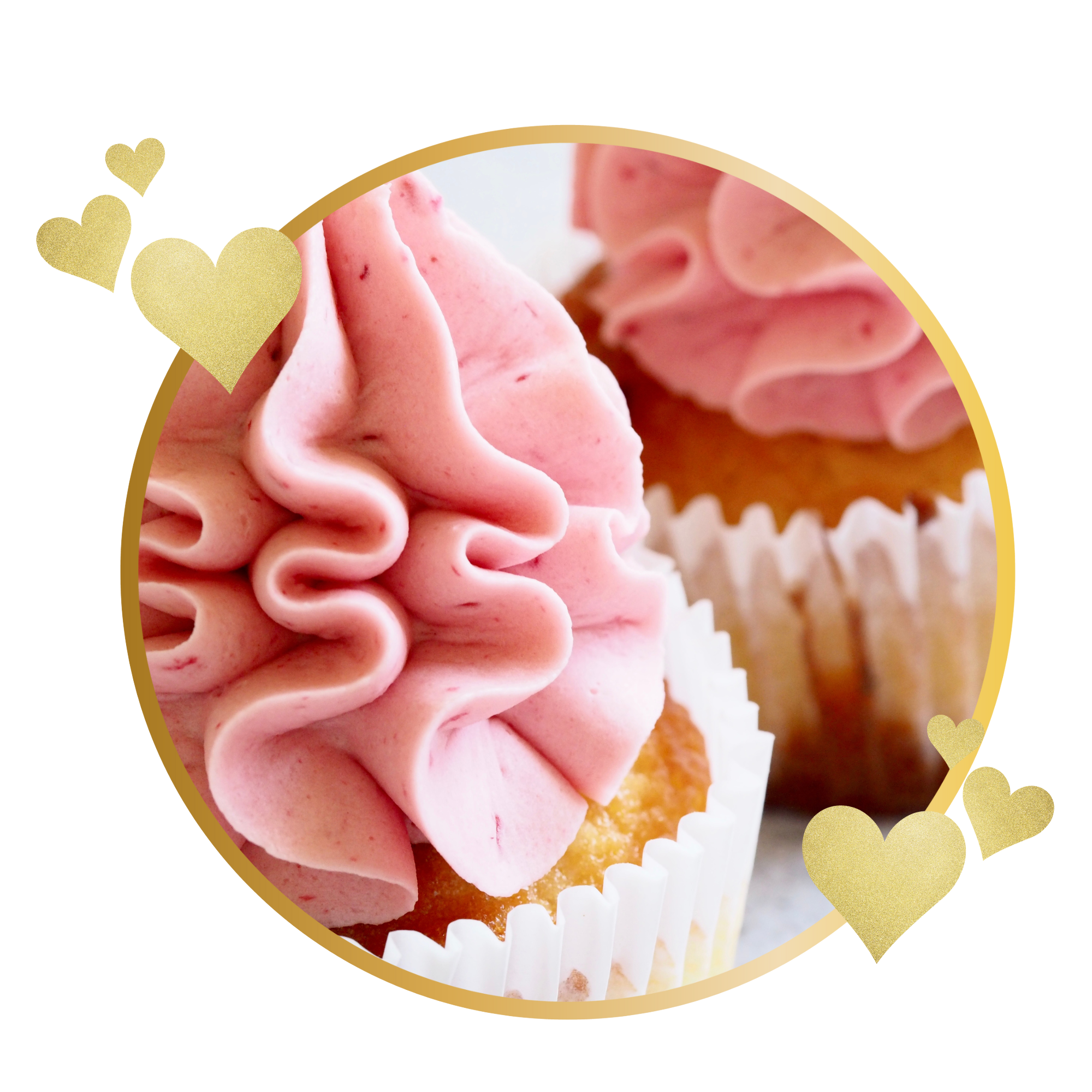 Close-up of pink frosted cupcakes with decorated hearts around the border.