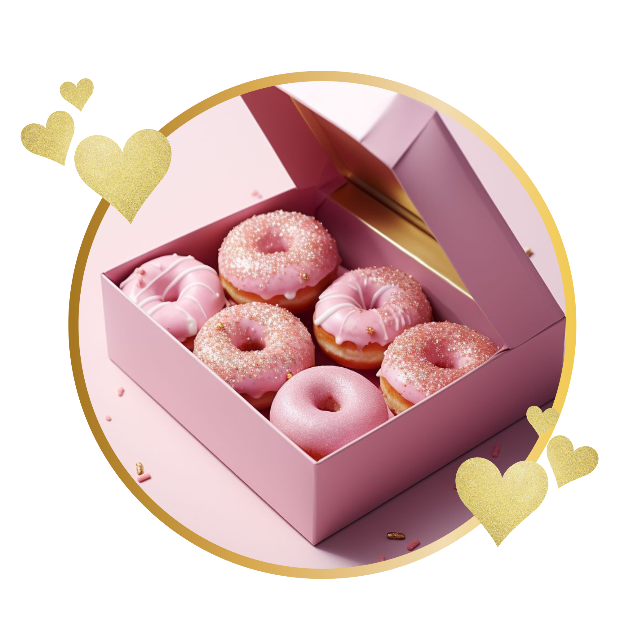 A pink box containing six pink glazed donuts with sprinkles and white drizzle, on a pink surface with gold hearts around it.