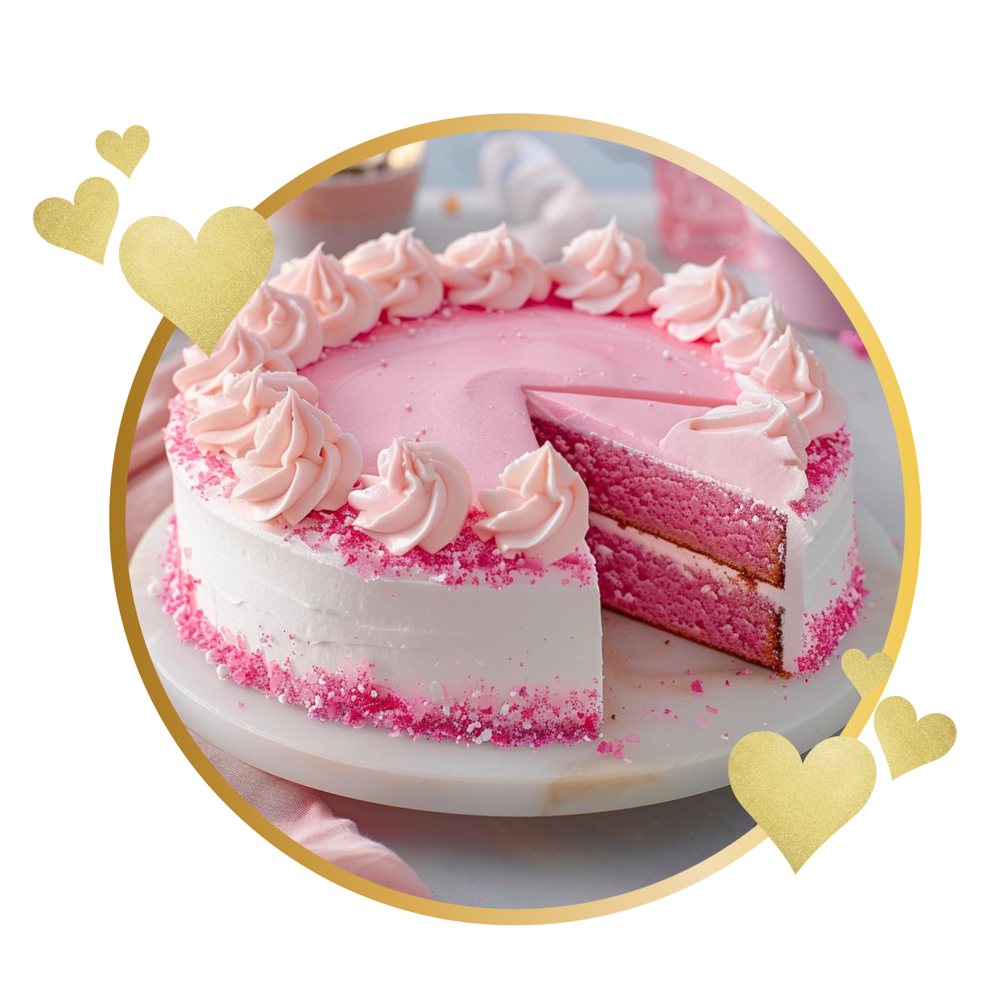 Pink and white layered cake with pink frosting swirls on top, decorated with pink sprinkles, on a white cake stand.