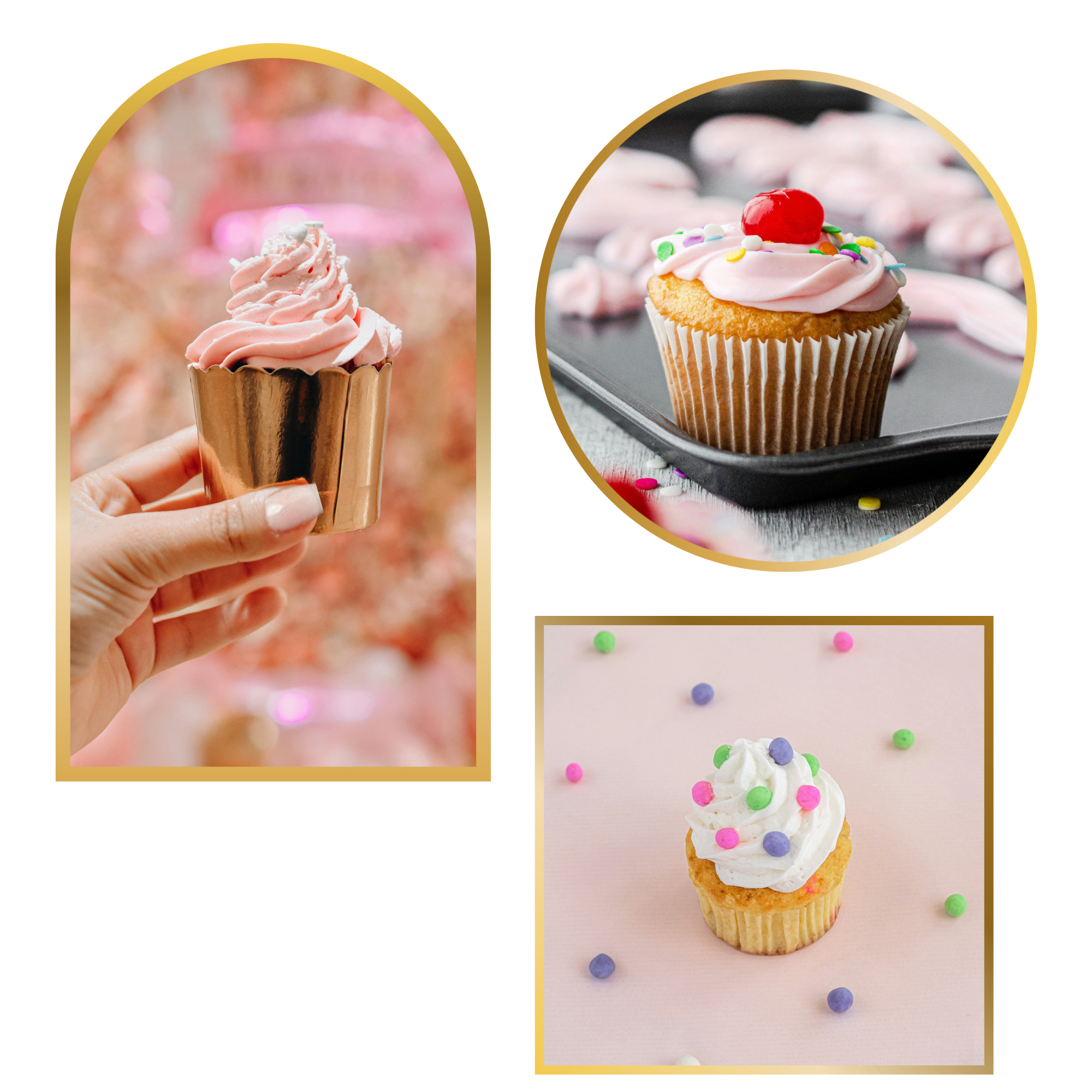 Three cupcakes decorated with pink, white, and colorful sprinkles, one of which is being hand-held and two are on trays or surfaces with scattered sprinkles.