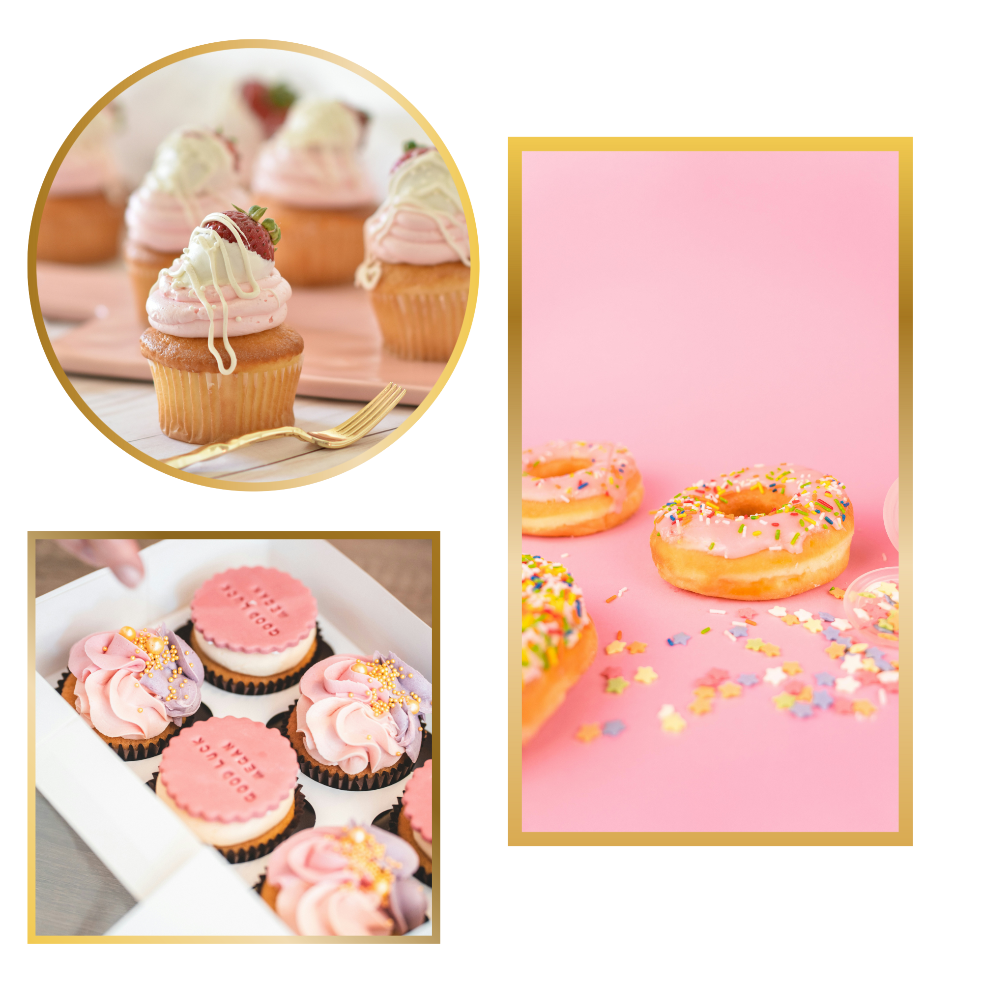 Assorted cupcakes and donuts with pink, purple, and white frosting, sprinkles, and decorative toppings on pink and pastel backgrounds.