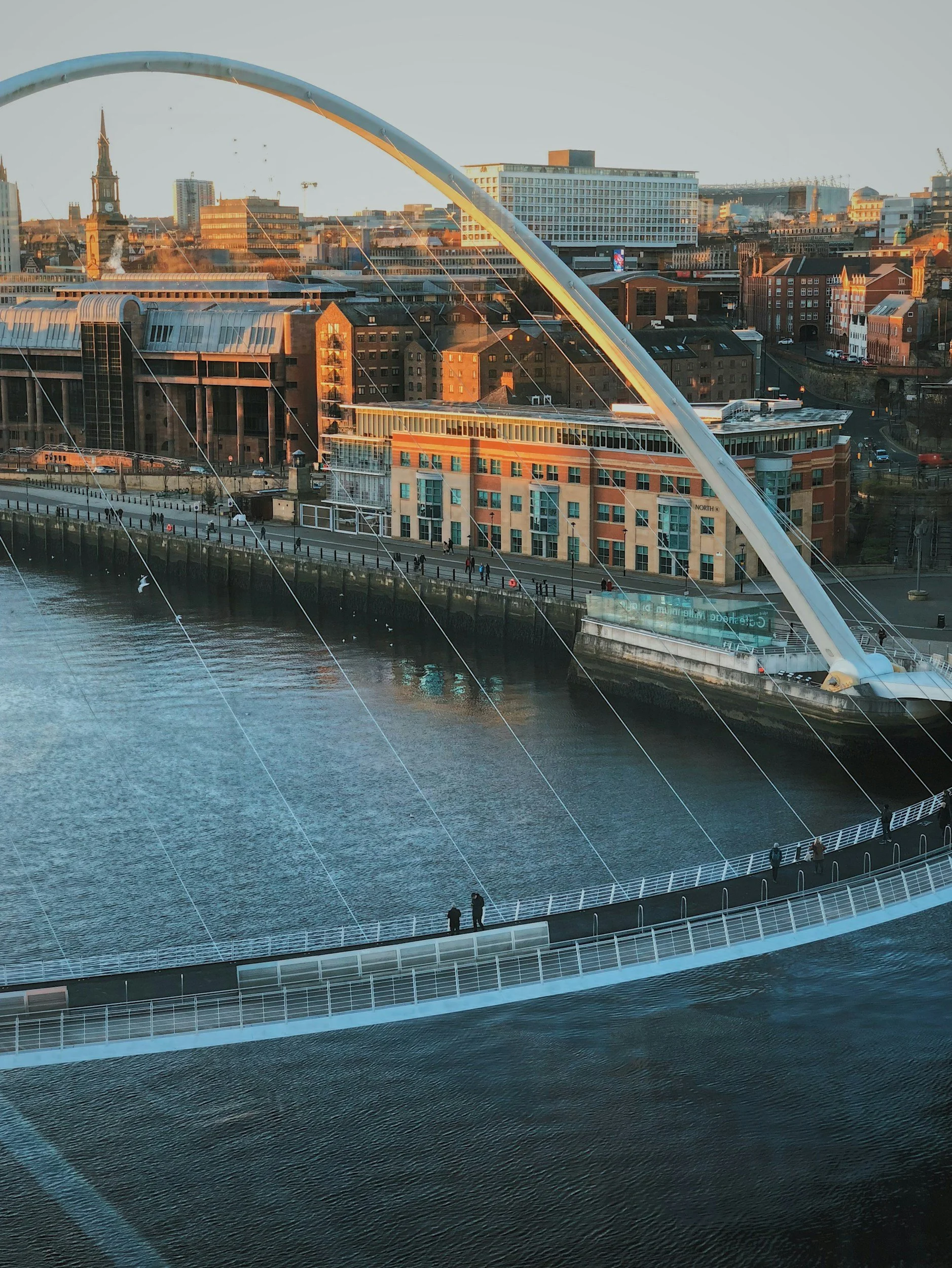 A city skyline with a modern white bridge arching over the river, and various buildings in the background during sunset.