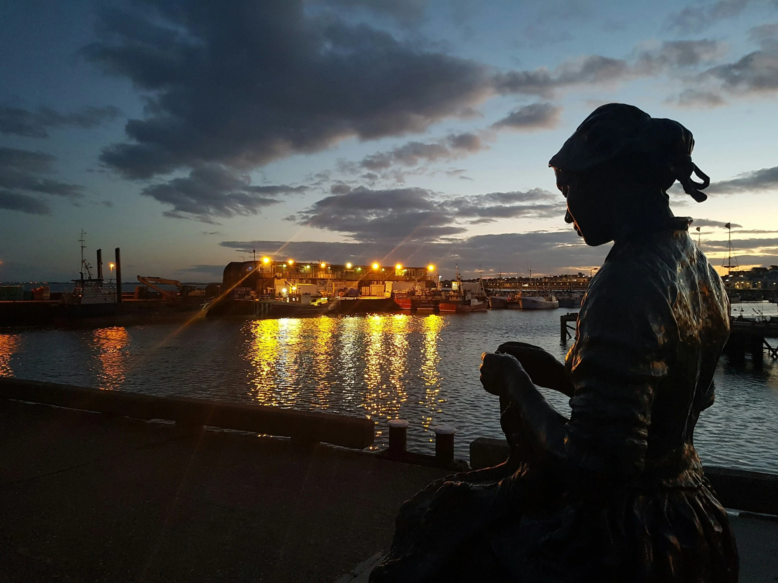 A silhouette of a statue of a dog sitting near a harbor with boats, illuminated by the warm glow of streetlights, under a darkening sky at dusk.