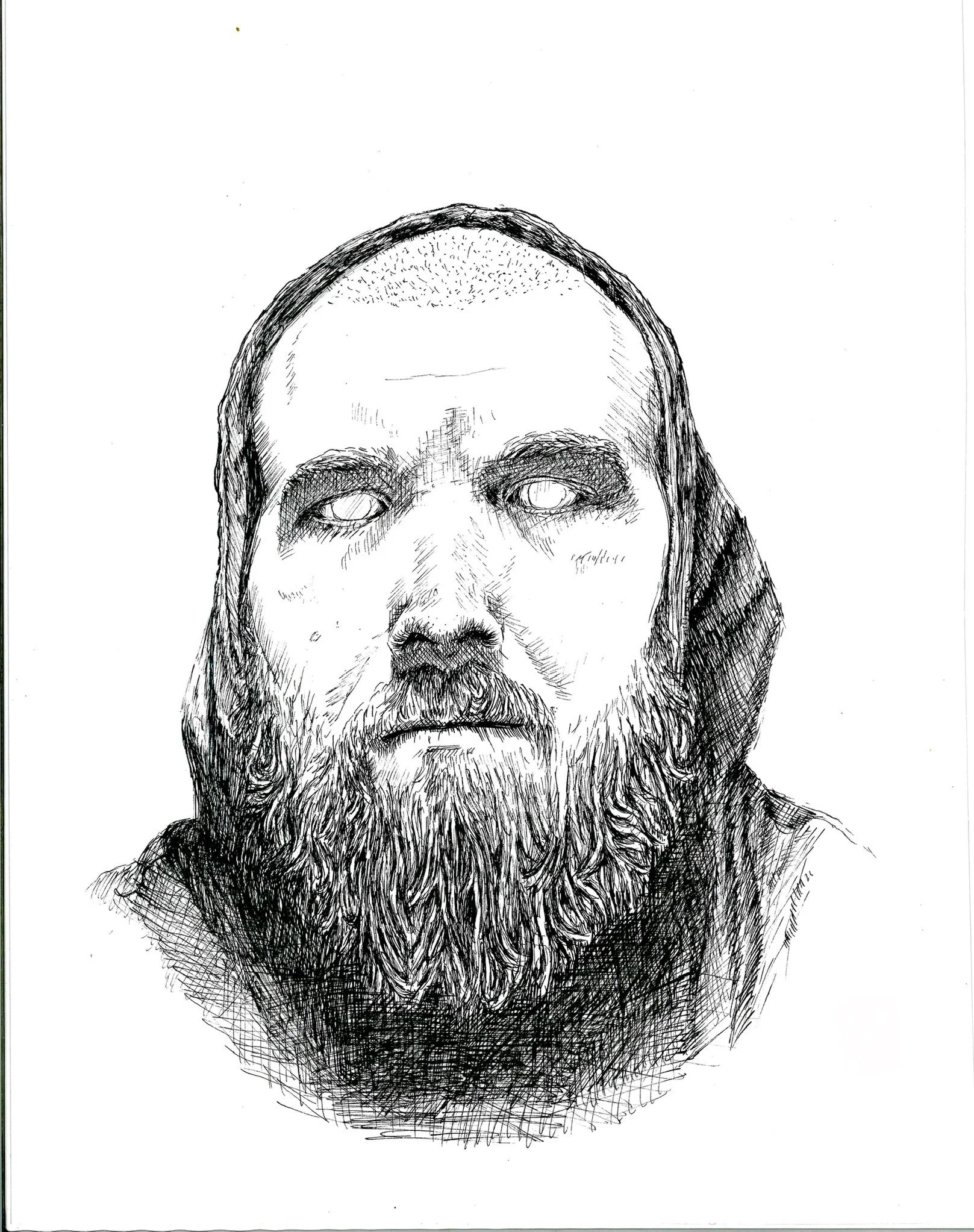 A black and white sketch of a man with a full beard, mustache, and long hair.