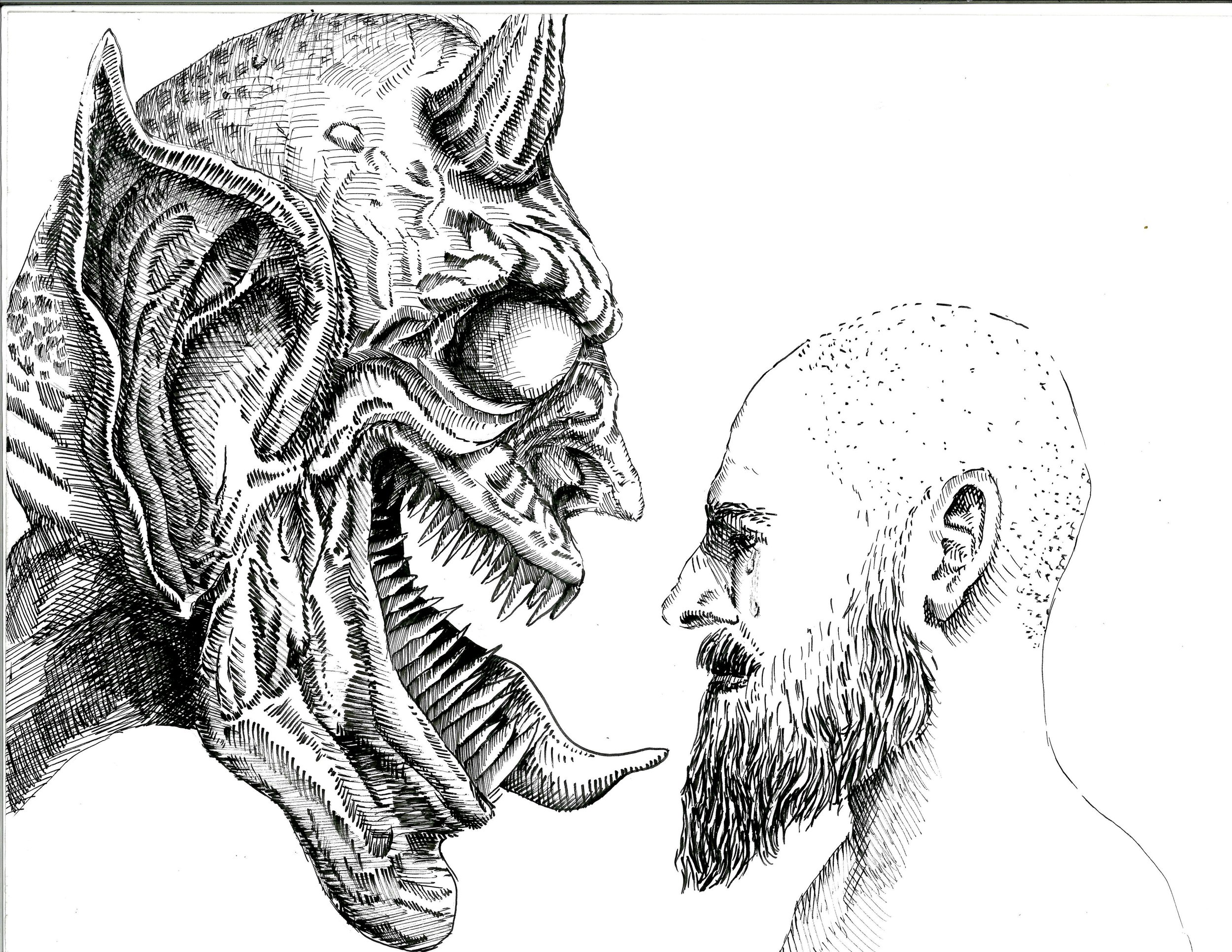 Black and white sketch of a human face in profile with a large, realistic skull on the left side. The detailed skull appears to be part of the person's head, creating a surreal or symbolic contrast.