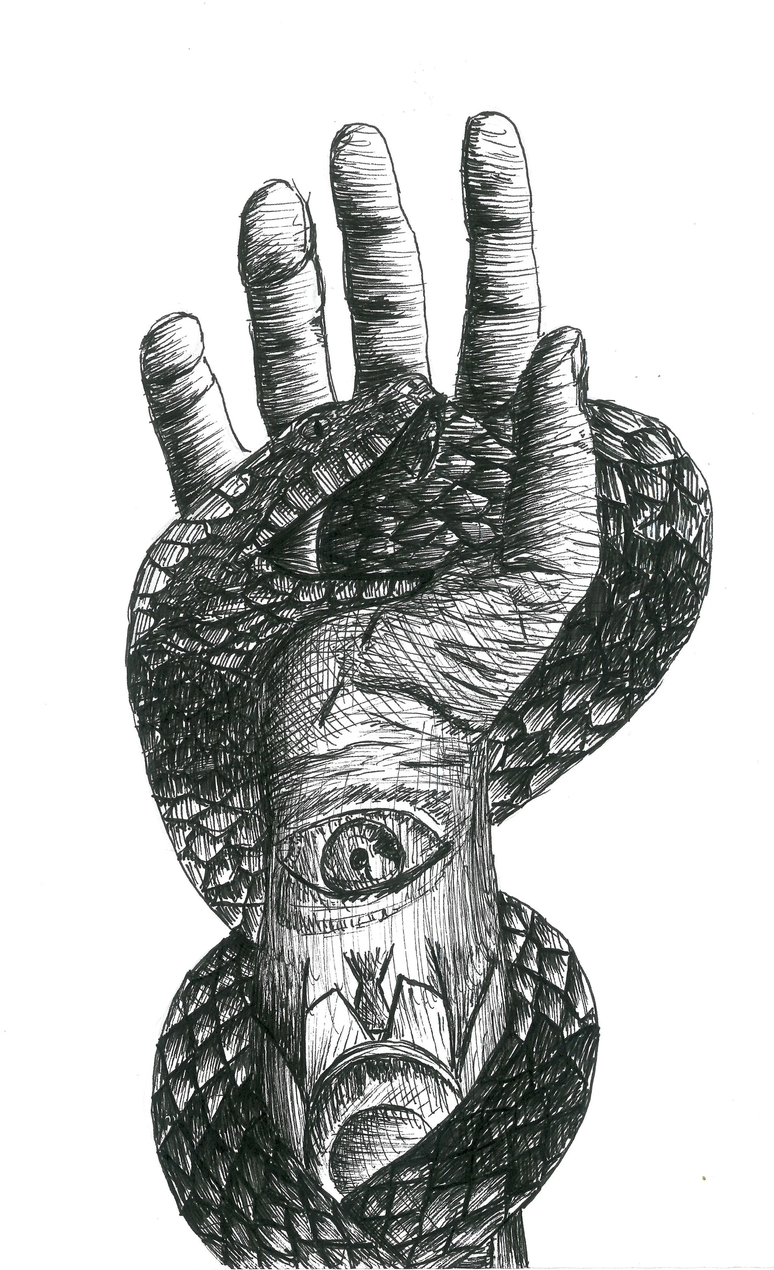 A detailed black-and-white sketch of a hand with an eye on the wrist, and internal eye designs on the forearm and palm, with fingers extended.