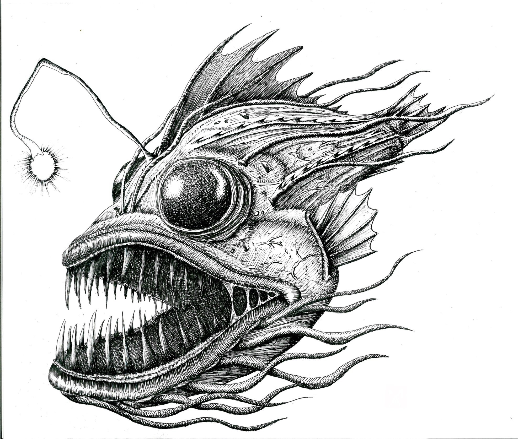 Black and white line drawing of a mythological or fantasy creature with a large open mouth filled with sharp teeth, a single large eye, spiked fins, and a long arsenal of flowing, jagged fins or hair.
