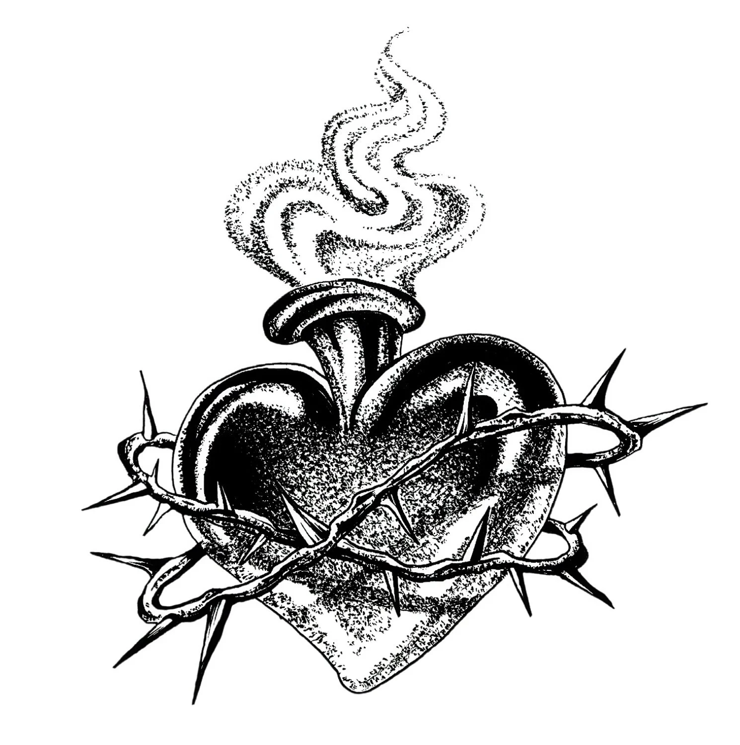 A black and white illustration of a heart surrounded by a crown of thorns, with flames rising from it.