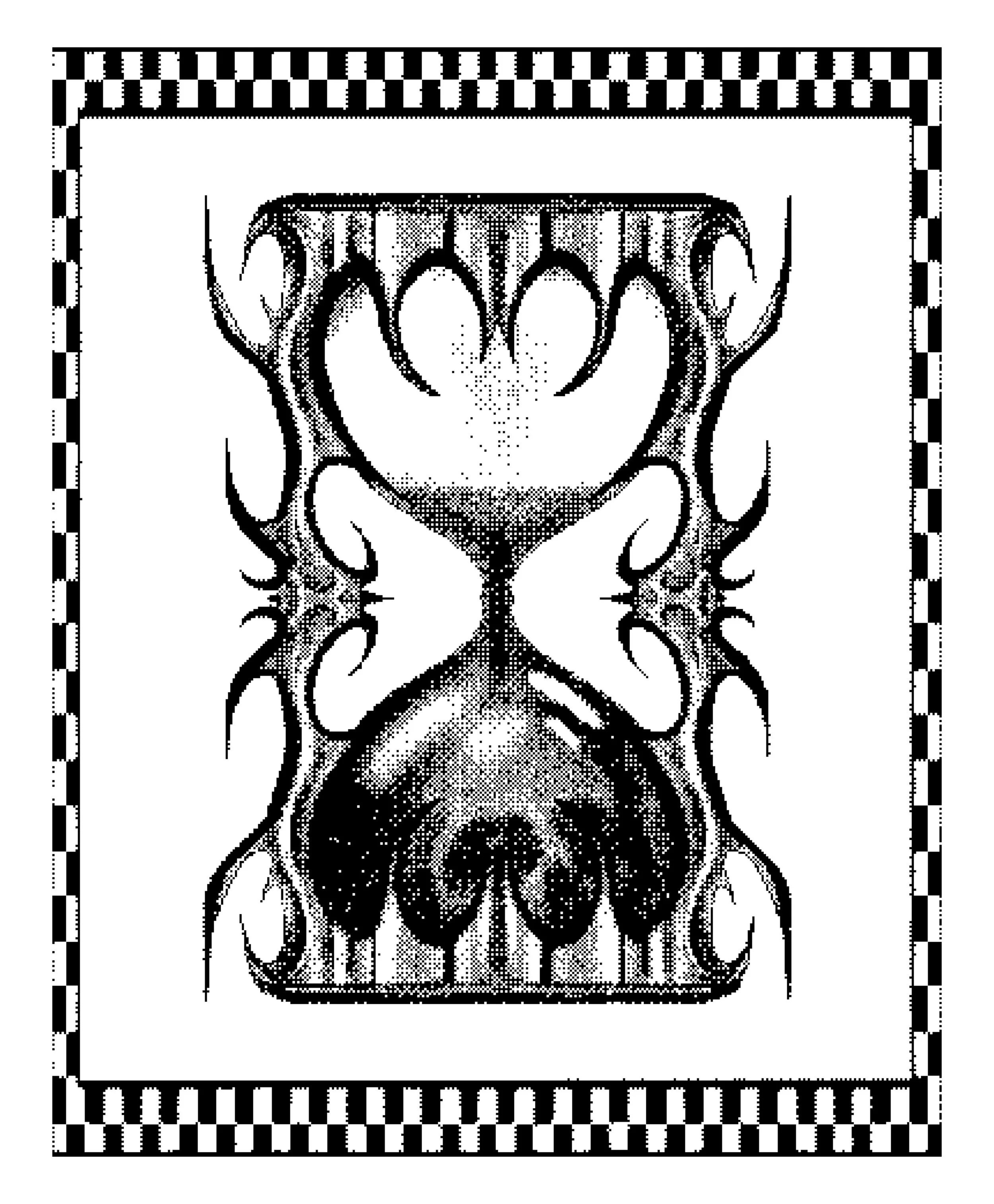 A black and white pixel art style depiction of a dove within a shield, surrounded by a decorative border.
