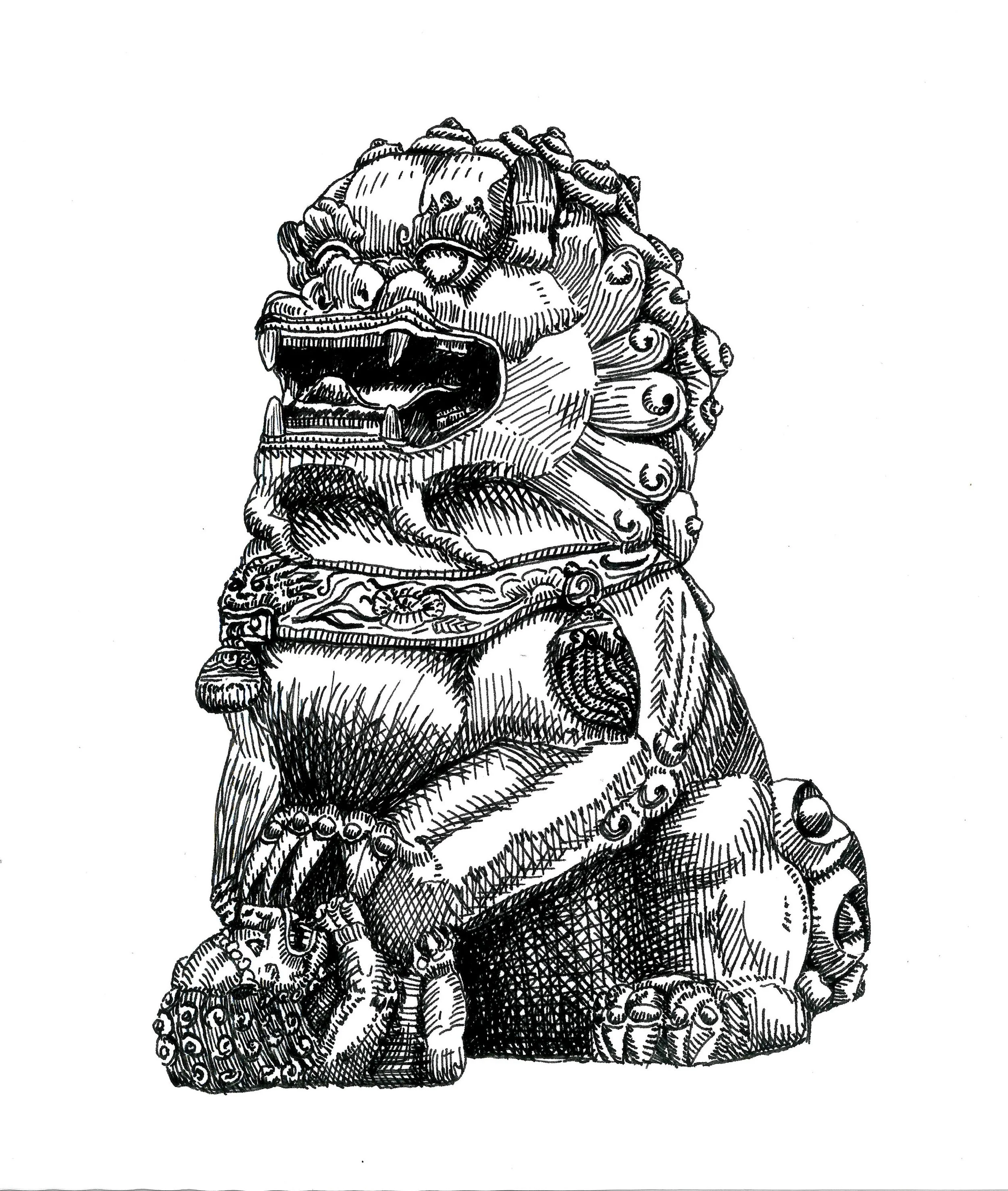 A detailed black and white line drawing of a traditional Asian lion sculpture, featuring intricate patterns and ornate decorations on its face, mane, and body.