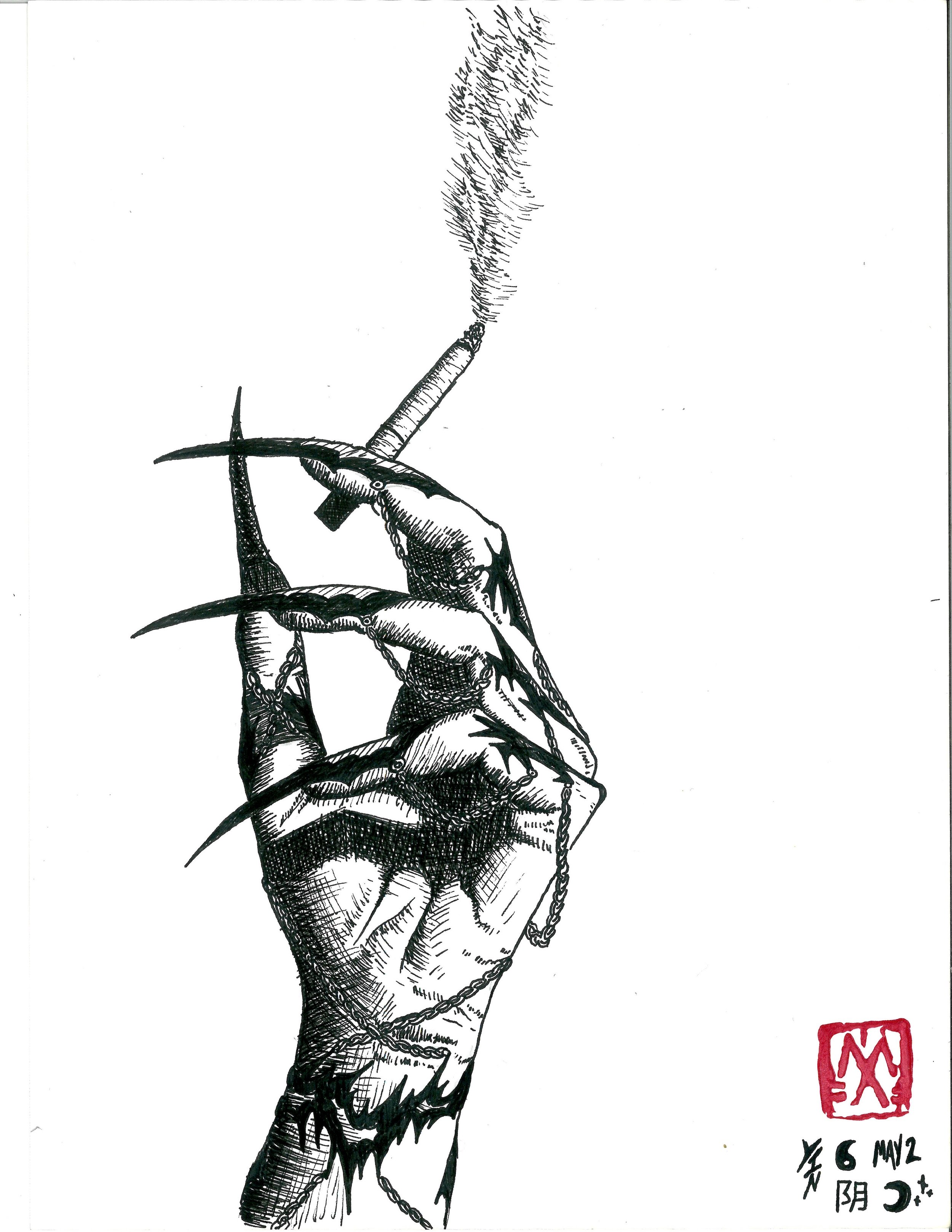 Black ink drawing of a hand holding a smoking cigarette. The hand is adorned with chains and rings. There is a red stamp and some handwritten text in Japanese characters and the date '6 May 2012' on the bottom right corner.