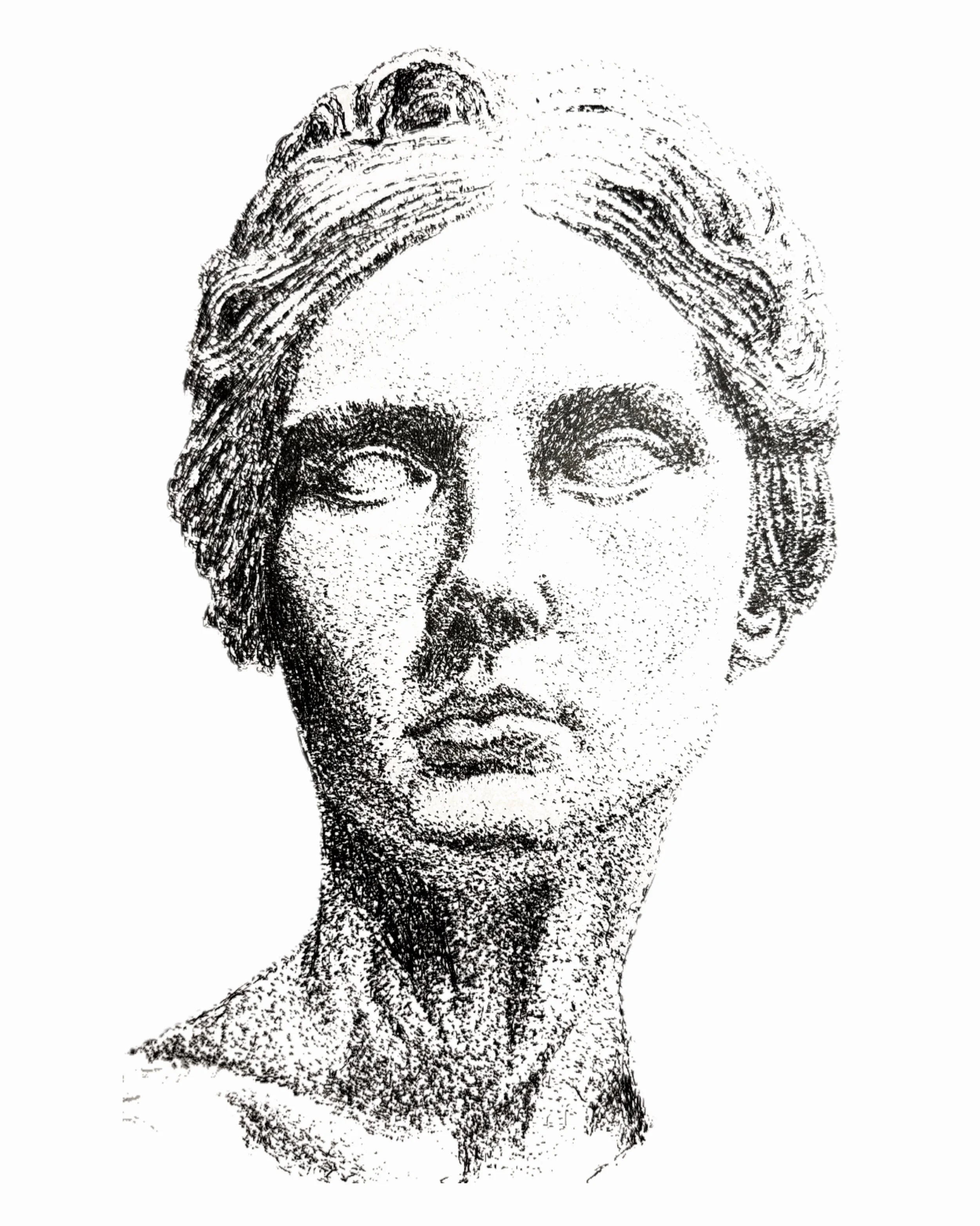 Black and white sketch of a woman with short hair, looking down with eyes closed.