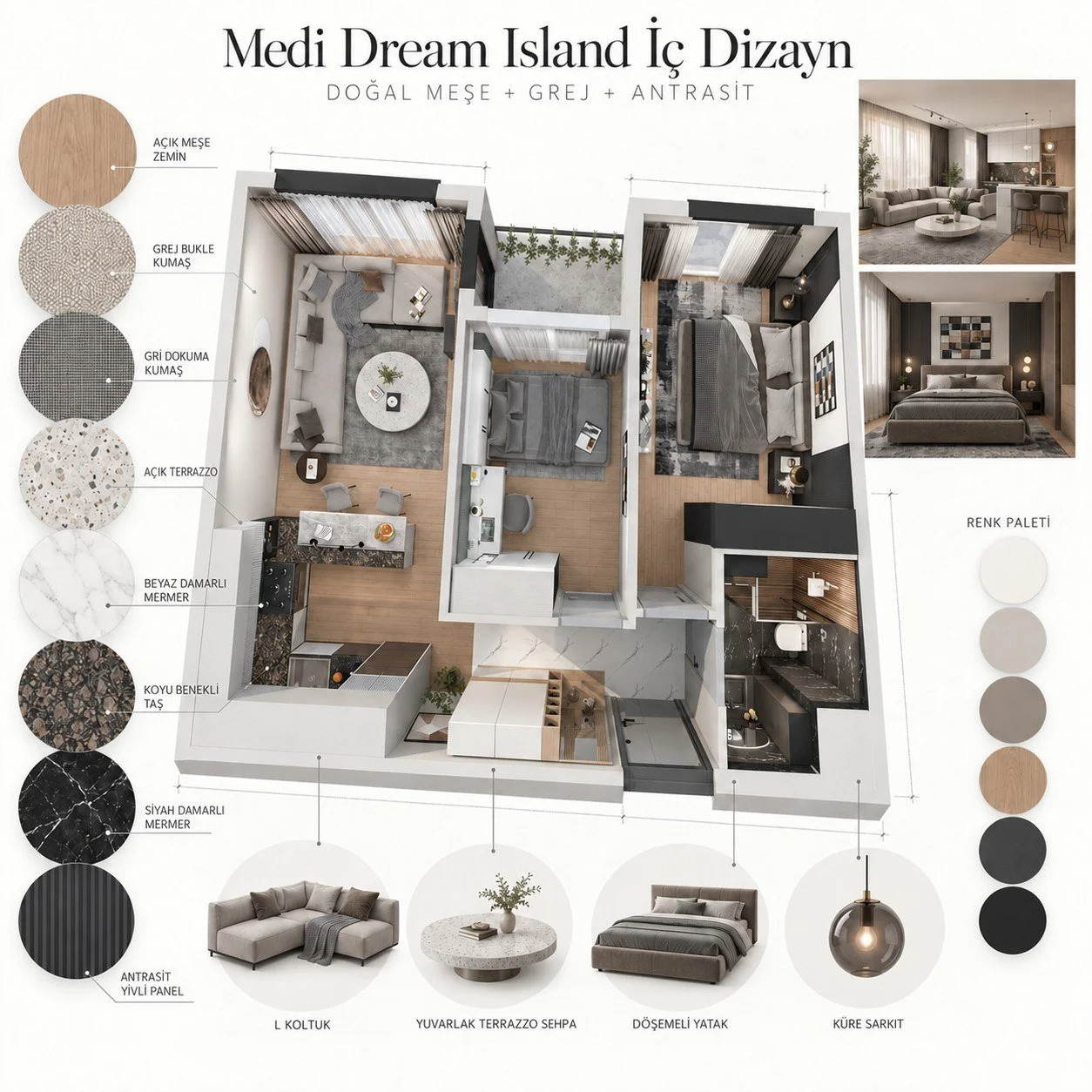 Doğal dokular, modern tonlar, dengeli bir yaşam alanı. 💫
Medi Dream Island&rsquo;ın i&ccedil; tasarım detayları.

 #GayrimenkulYatırımı #GeleceğeYatırım #Yatırım #medigrup #G&uuml;venliYatırım #modernmimari #MediGrup