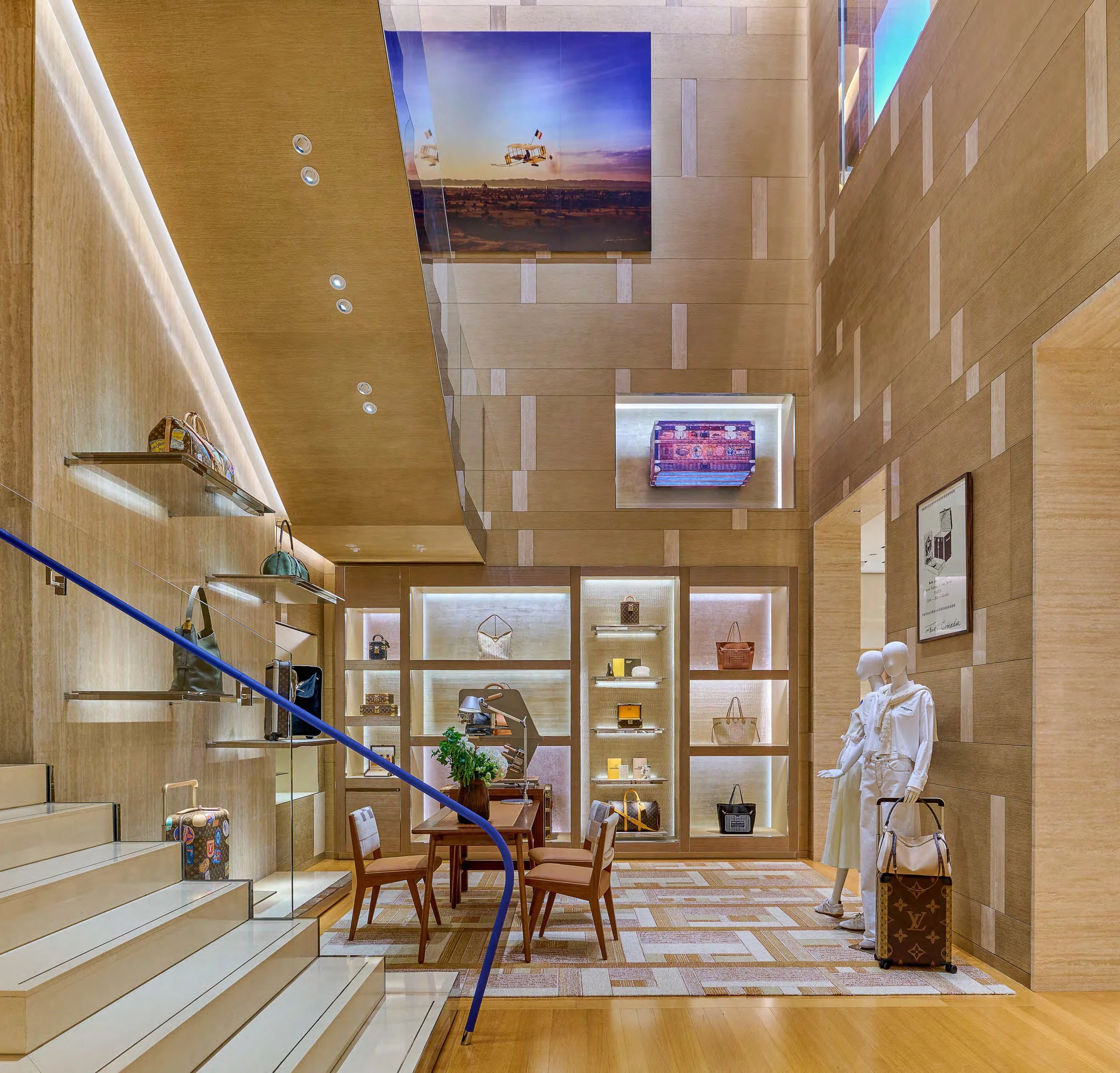 Interior of a high-end retail store with wood paneling, display shelves with handbags, a mannequin dressed in white, and a large photograph of a vintage airplane hanging on the wall.