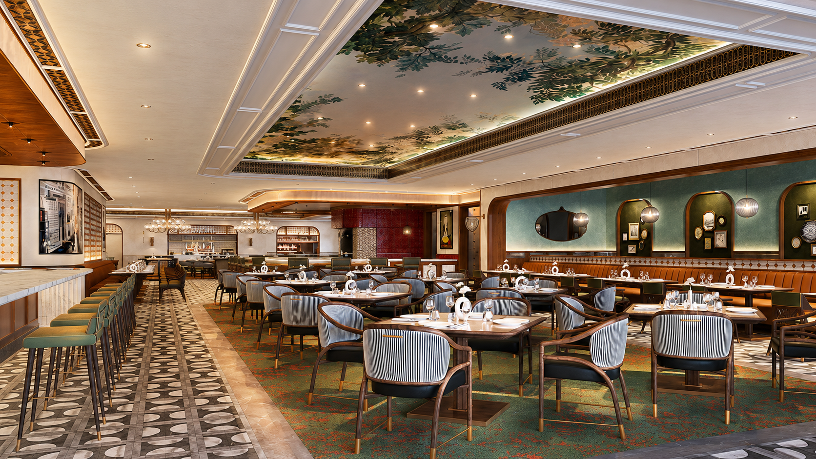 Elegant restaurant with round and rectangular tables set with glassware and napkins. The interior features patterned carpeting, green upholstered wall with decorative plates, a green ceiling with floral artwork, and modern lighting fixtures. There are also barstools along a marble counter on the left.