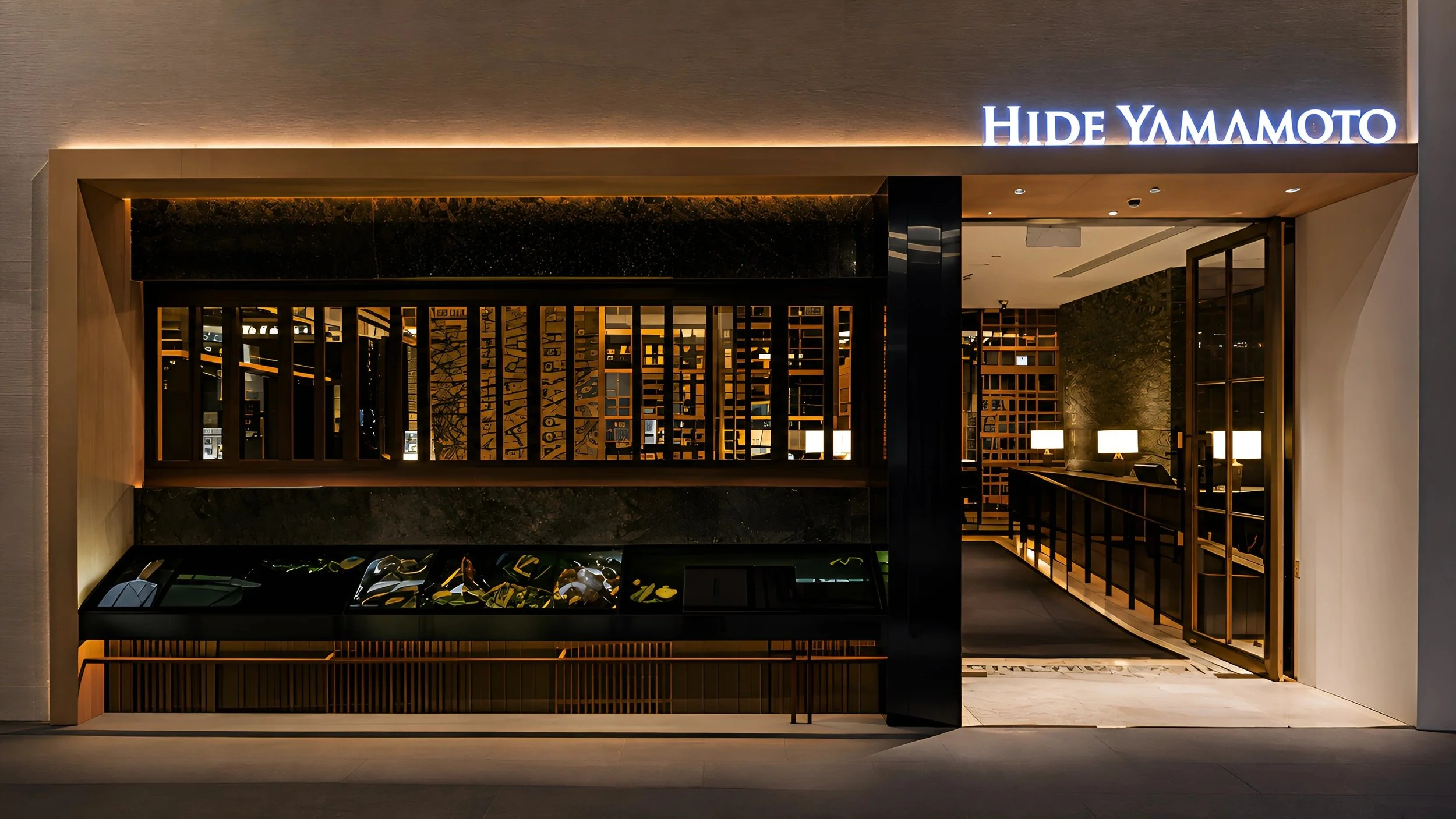 Night view of the entrance to HIDE YAMAMOTO boutique with modern interior, illuminated sign, window display of shoes, and a reception area near the doorway.