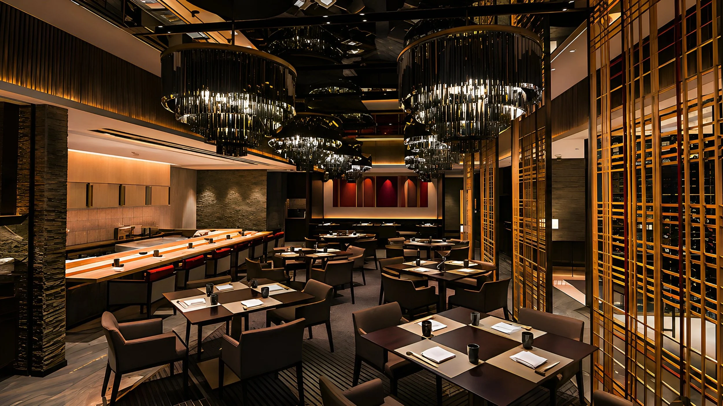 Elegant restaurant interior with hanging modern chandeliers, dark wood tables, chairs, and wine storage.